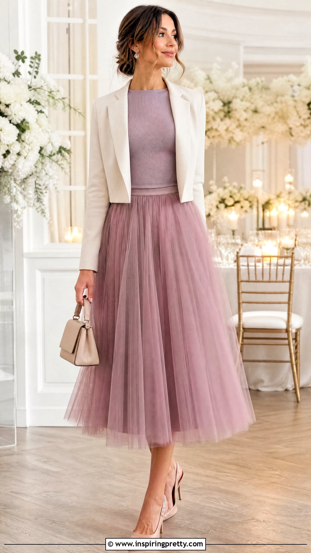 Tulle Midi Skirt And Fitted Knit Top - 50 wedding guest skirt and top outfit ideas