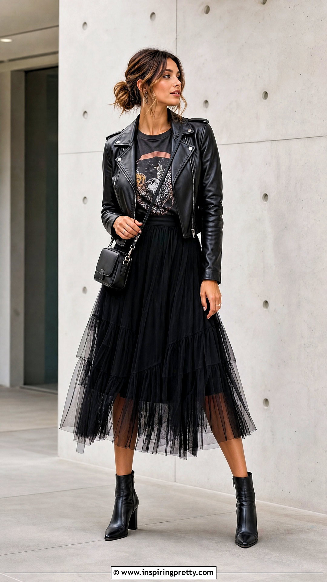 Tulle Midi Skirt With Graphic T Shirt And Moto Jacket - 50 top skirt outfit ideas