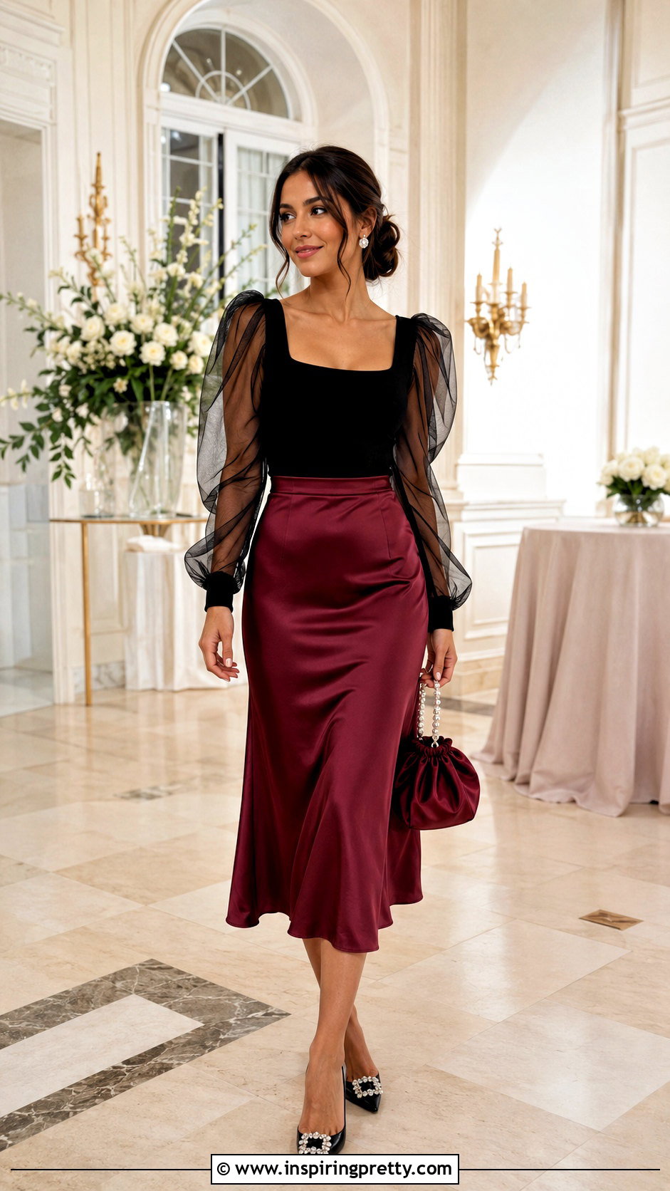 Tulle Sleeve Top With Satin Midi Skirt - 50 fancy top designs for women