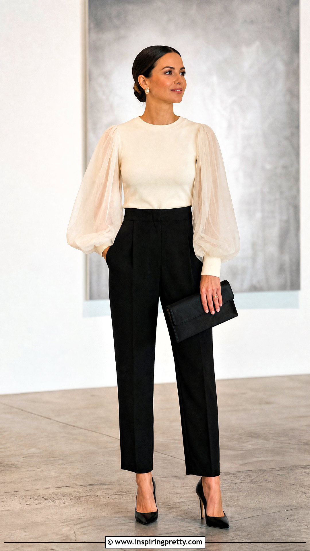 Tulle Sleeve Top With Tailored Pants - 50 fancy top outfit ideas