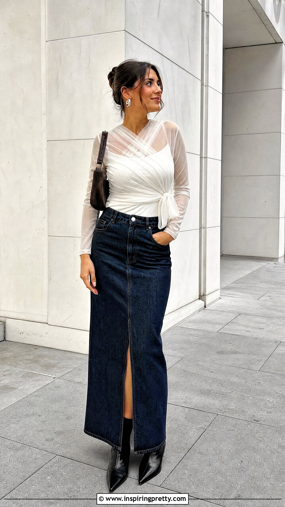 Tulle Wrap Top With Denim Maxi Skirt - 25 tulle wrap top outfit ideas