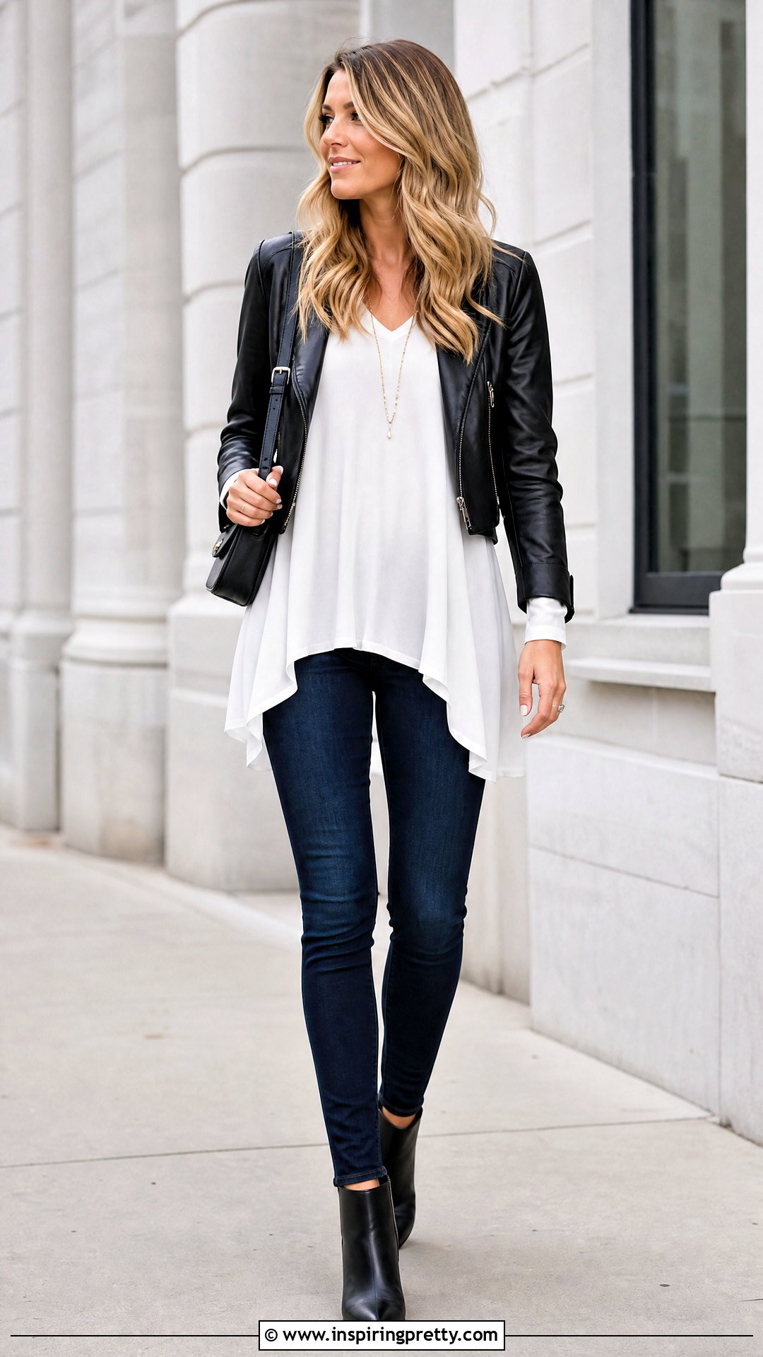 Tunic Top With Leather Jacket And Slim Jeans - 50 stylish tunic tops outfit ideas