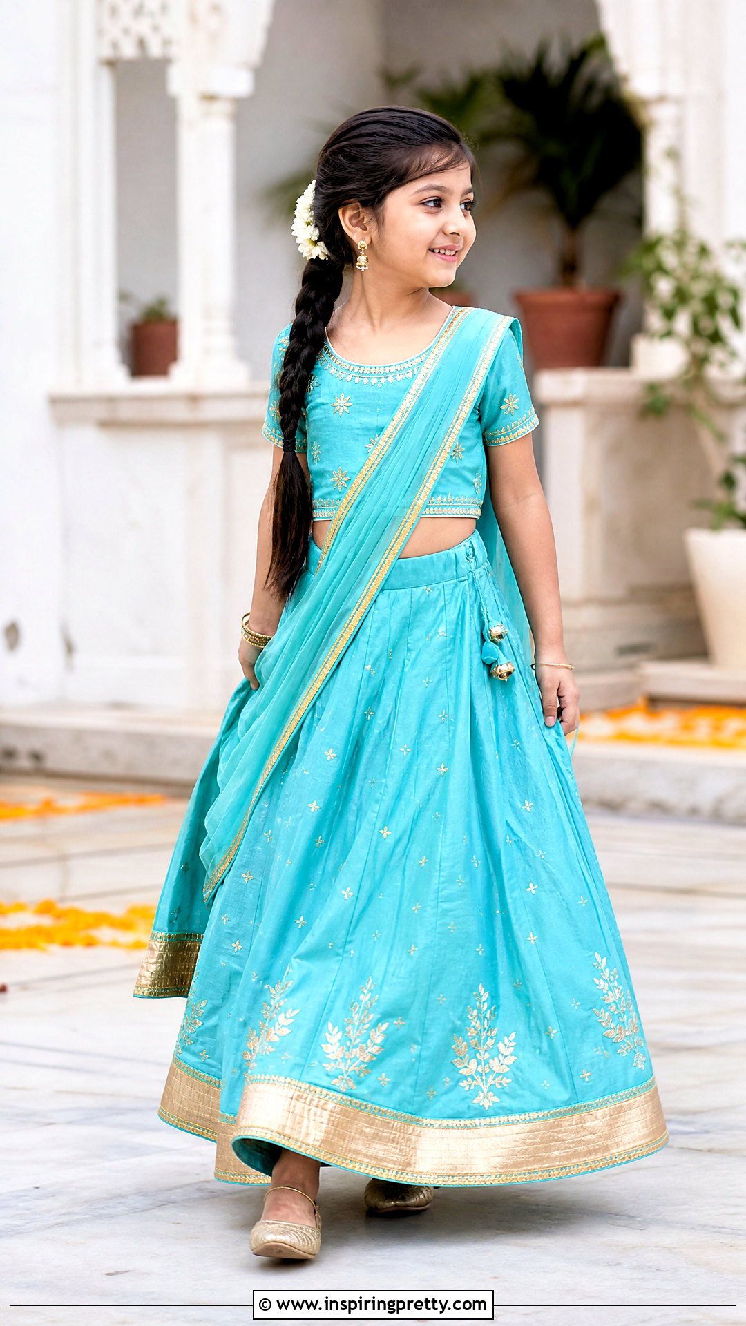 Turquoise Gota Patti Kids Crop Top Lehenga - 50 kids crop top lehenga designs