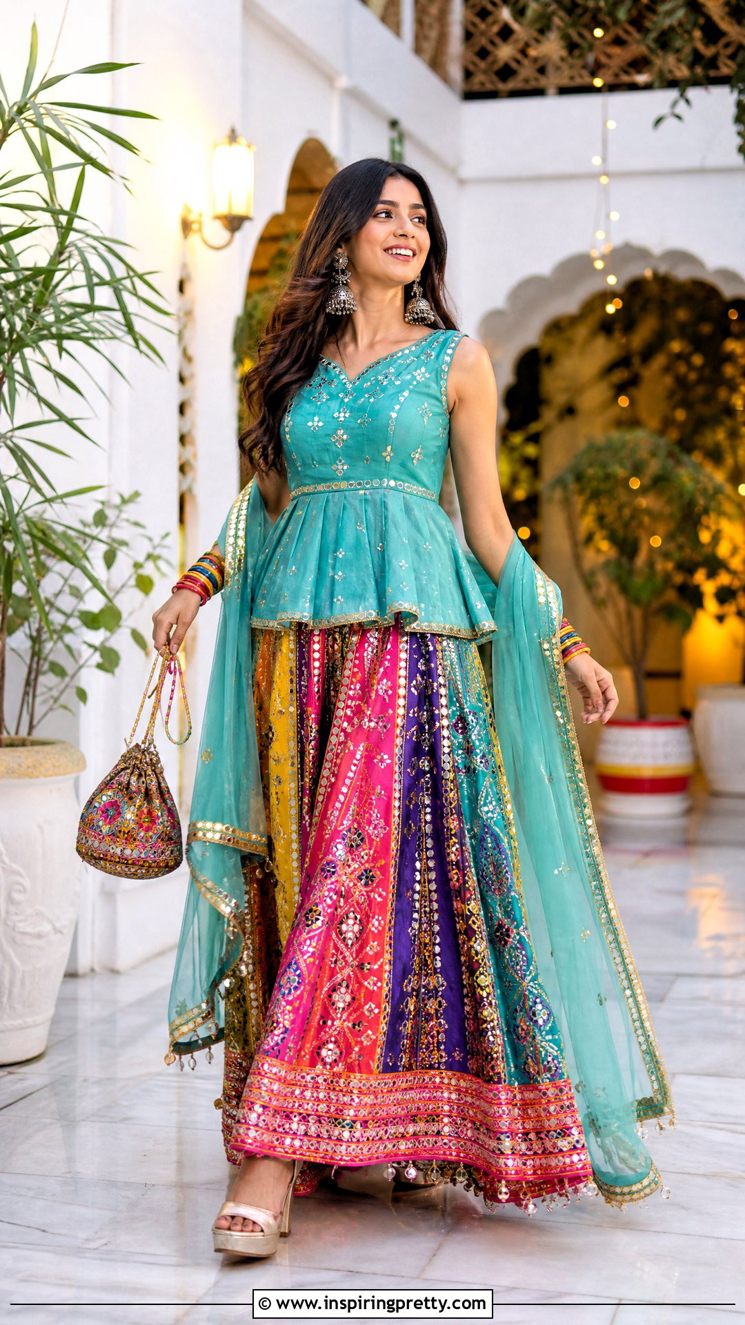 Turquoise Indian Peplum Top With Mirror Work Skirt - 50 indian peplum top outfits