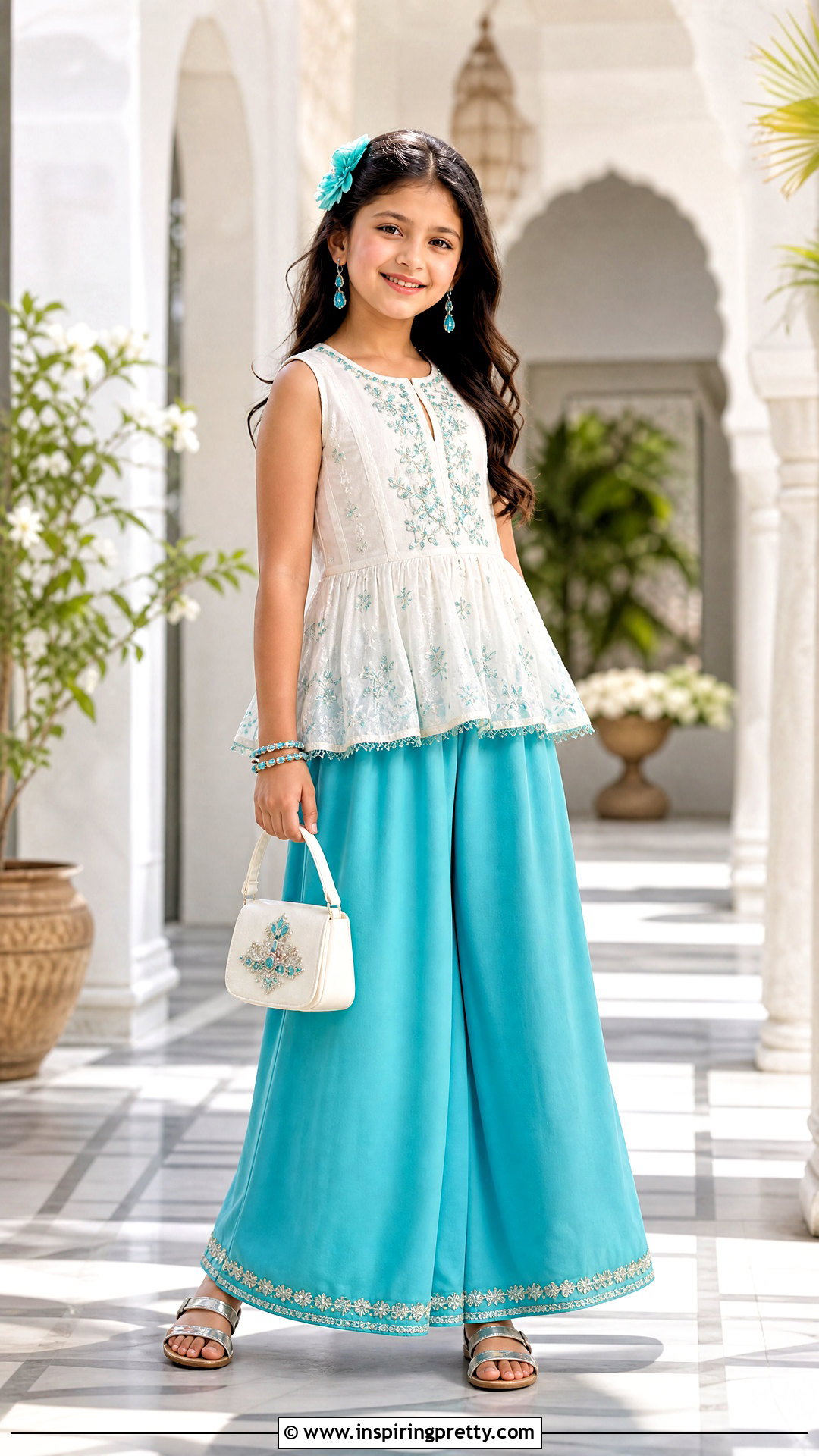 Turquoise Palazzo With White Embroidered Top - 50 kids plazo with tops