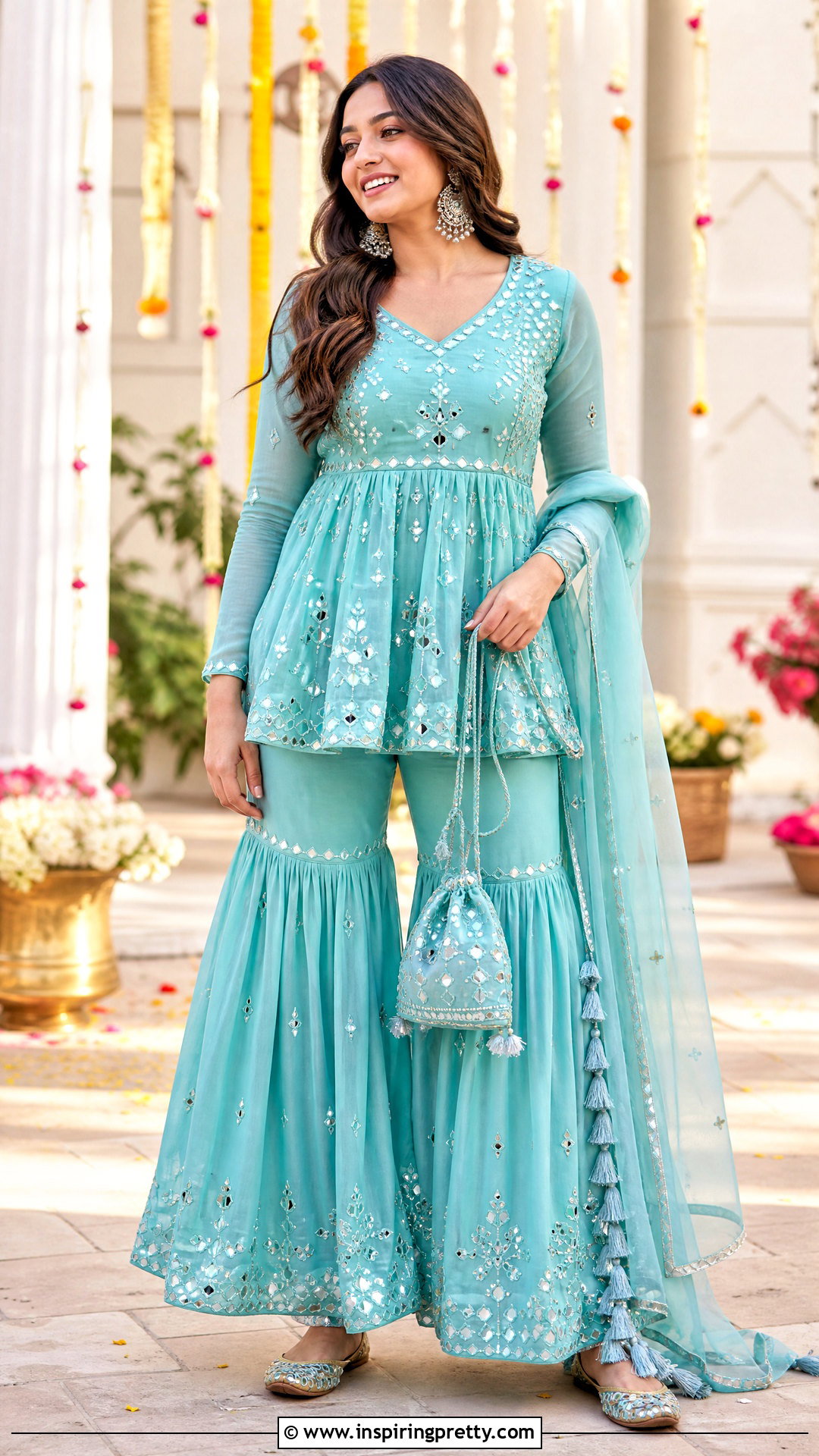 Turquoise Peplum Top With Mirror Sharara - 50 peplum top with sharara outfit ideas