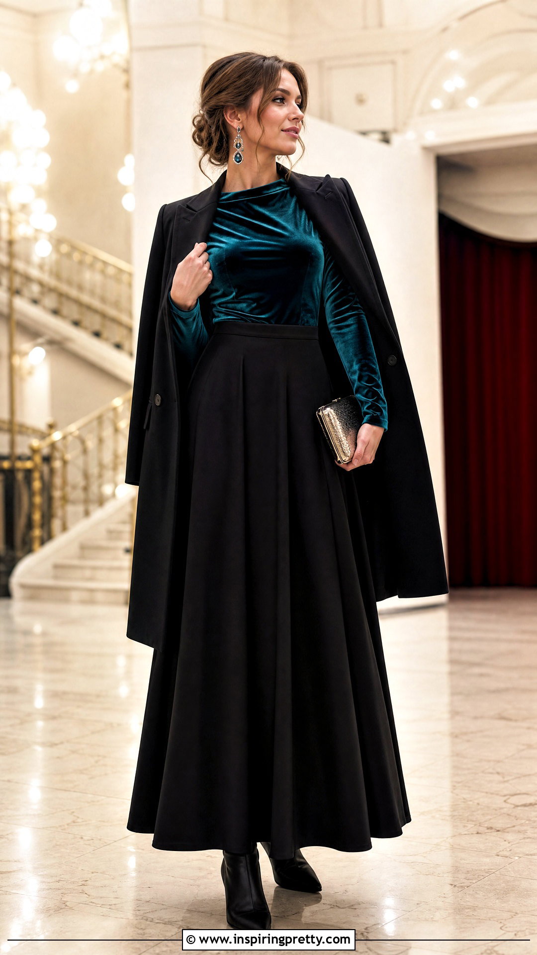 Turquoise Velvet Top With Black Maxi Skirt - 20 turquoise velvet top outfit ideas