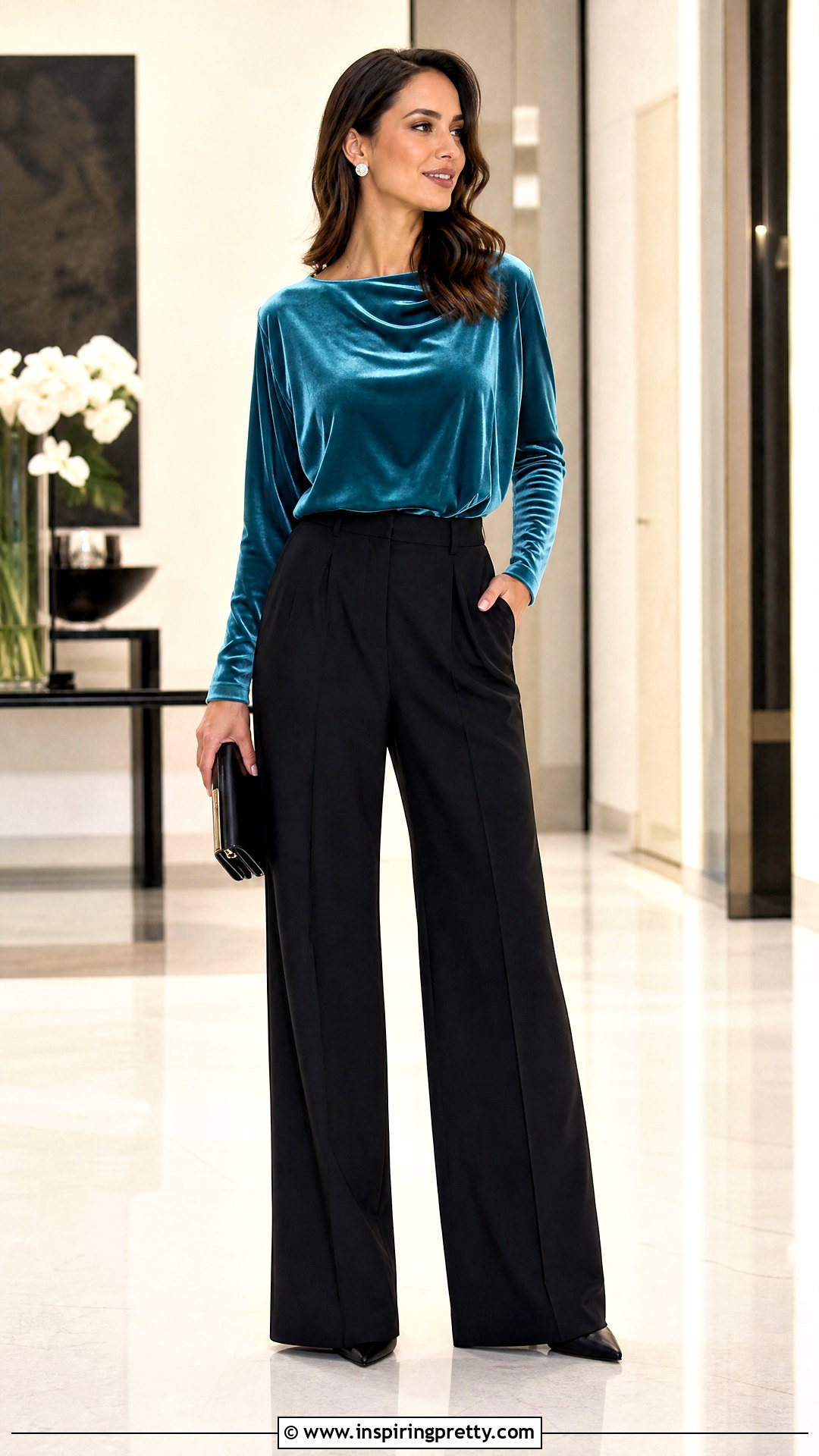 Turquoise Velvet Top With Black Wide Leg Trousers - 20 turquoise velvet top outfit ideas
