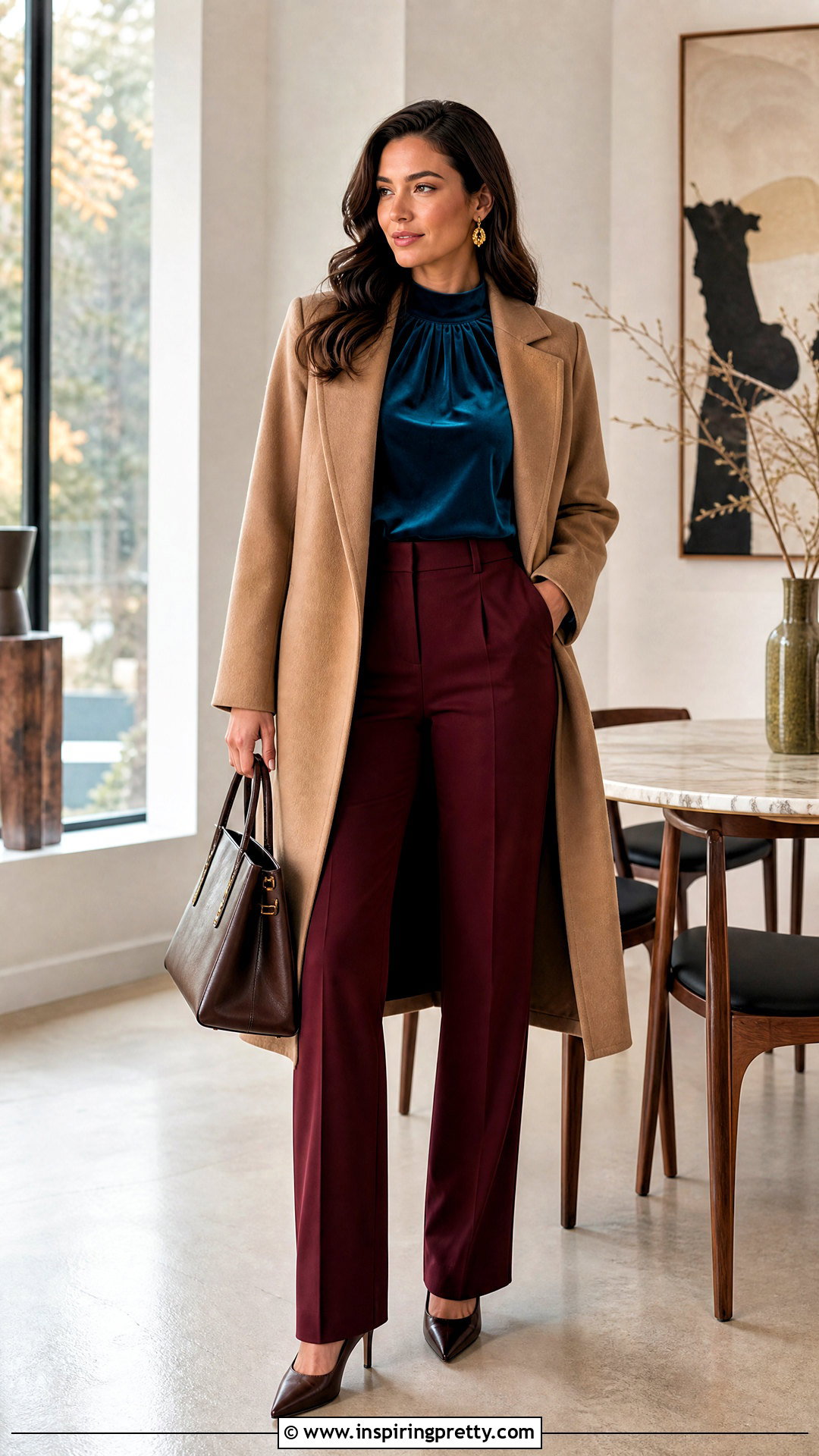 Turquoise Velvet Top With Burgundy Trousers - 20 turquoise velvet top outfit ideas
