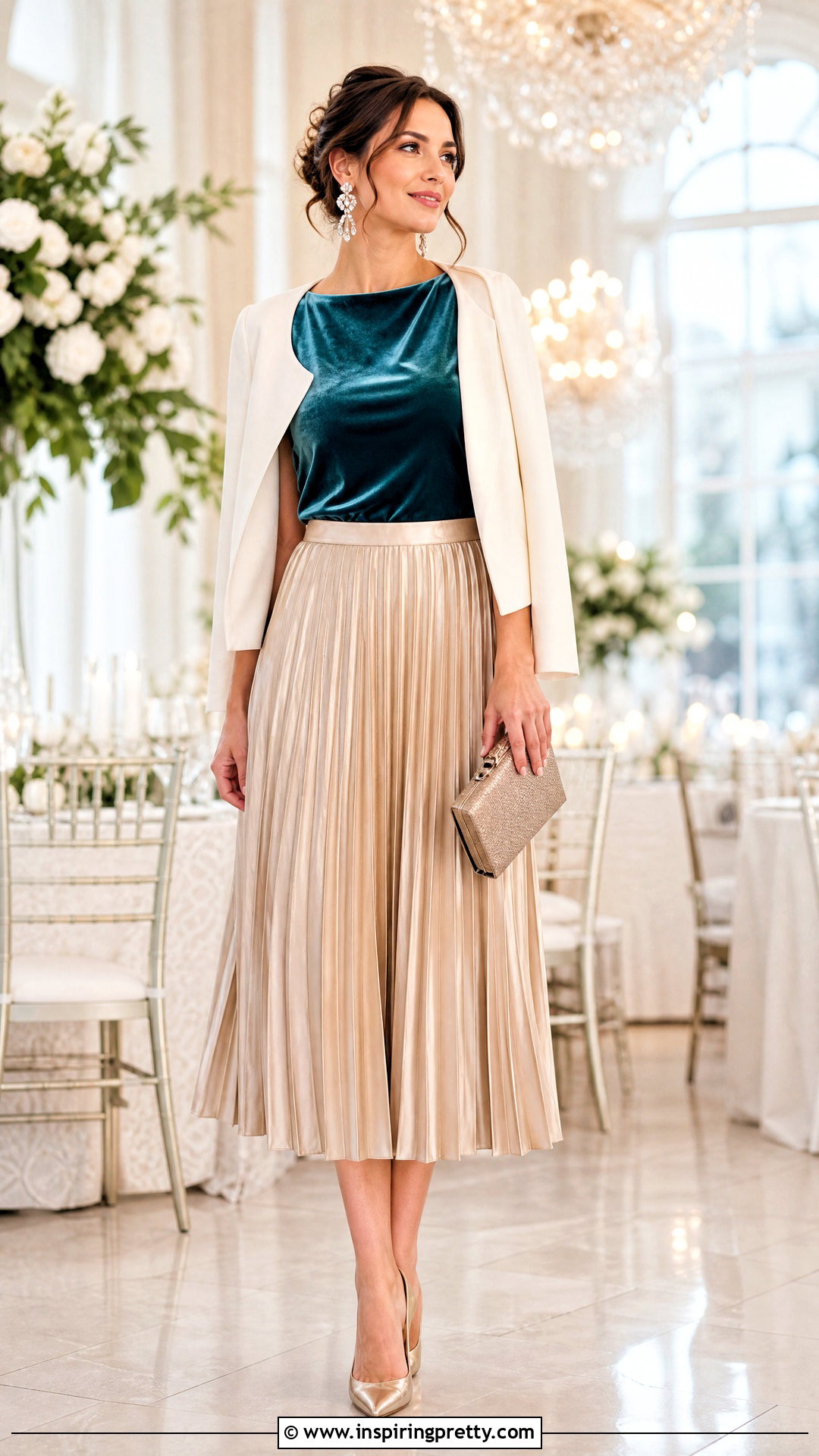 Turquoise Velvet Top With Champagne Pleated Skirt - 20 turquoise velvet top outfit ideas