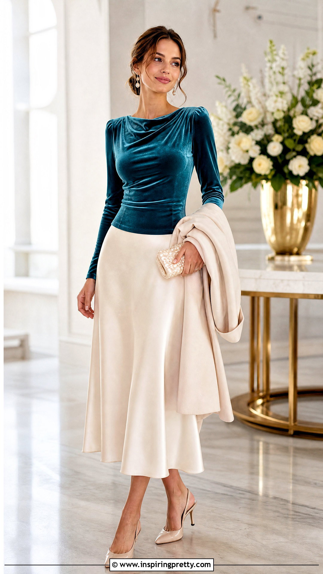 Turquoise Velvet Top With Ivory Satin Midi Skirt - 20 turquoise velvet top outfit ideas