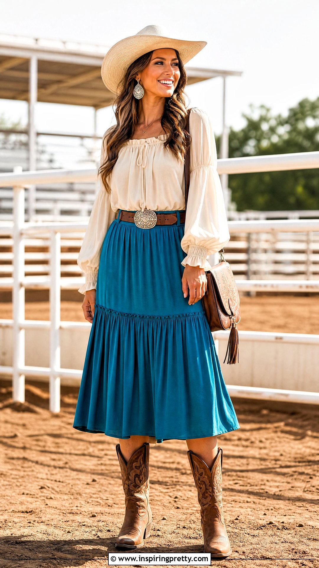 Turquoise Western Skirt And Cream Peasant Top - 50 western skirt and top outfit ideas