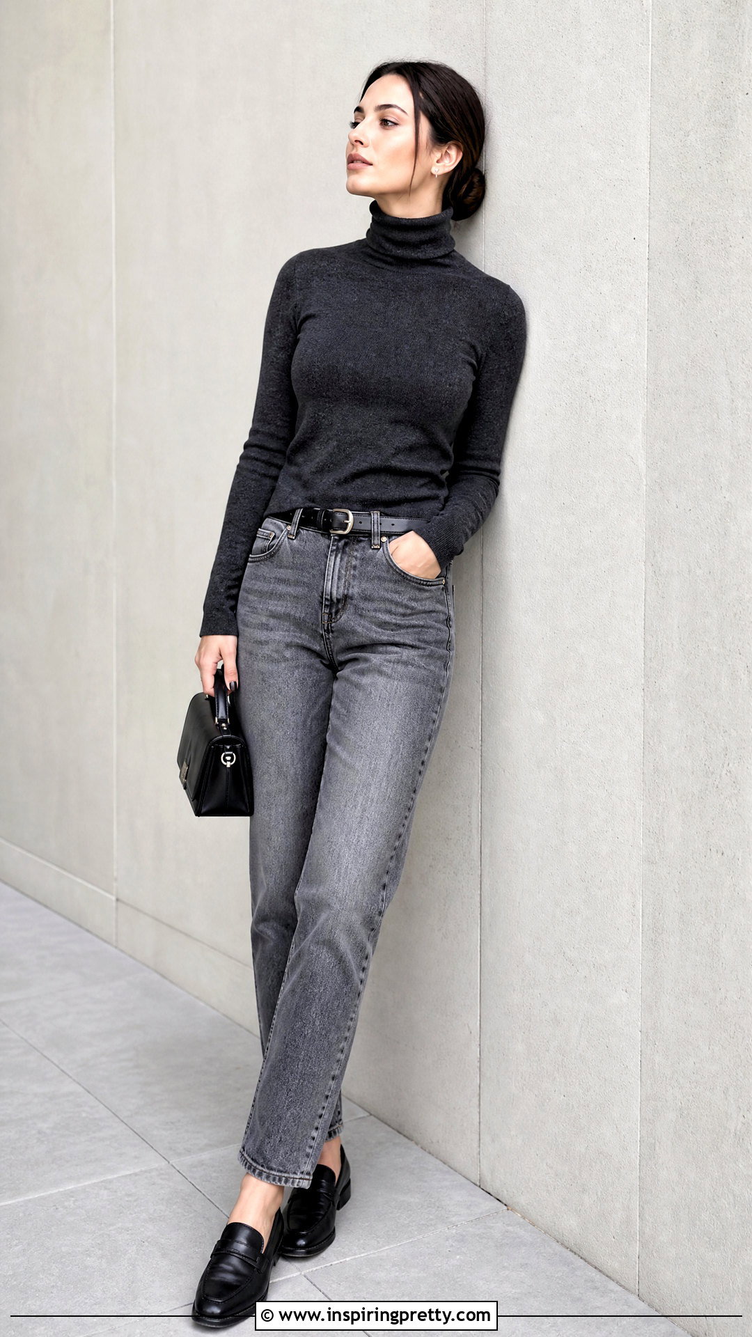 Turtleneck And Gray Jeans Wall Pose - 50 Poses In Jeans Top Aesthetic Ideas