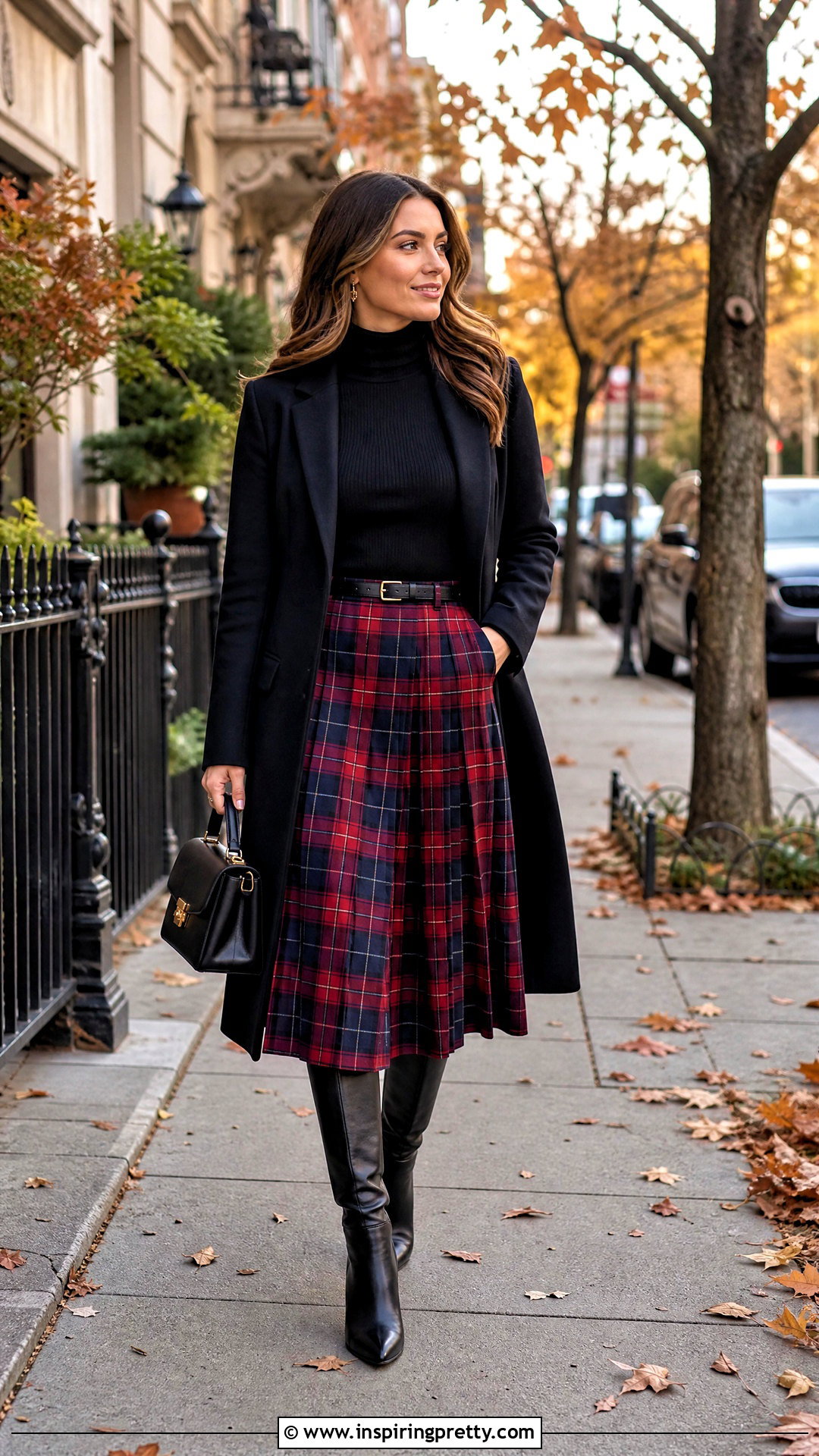 Turtleneck And Plaid Midi Skirt Outfit - 50 skirt top outfit ideas