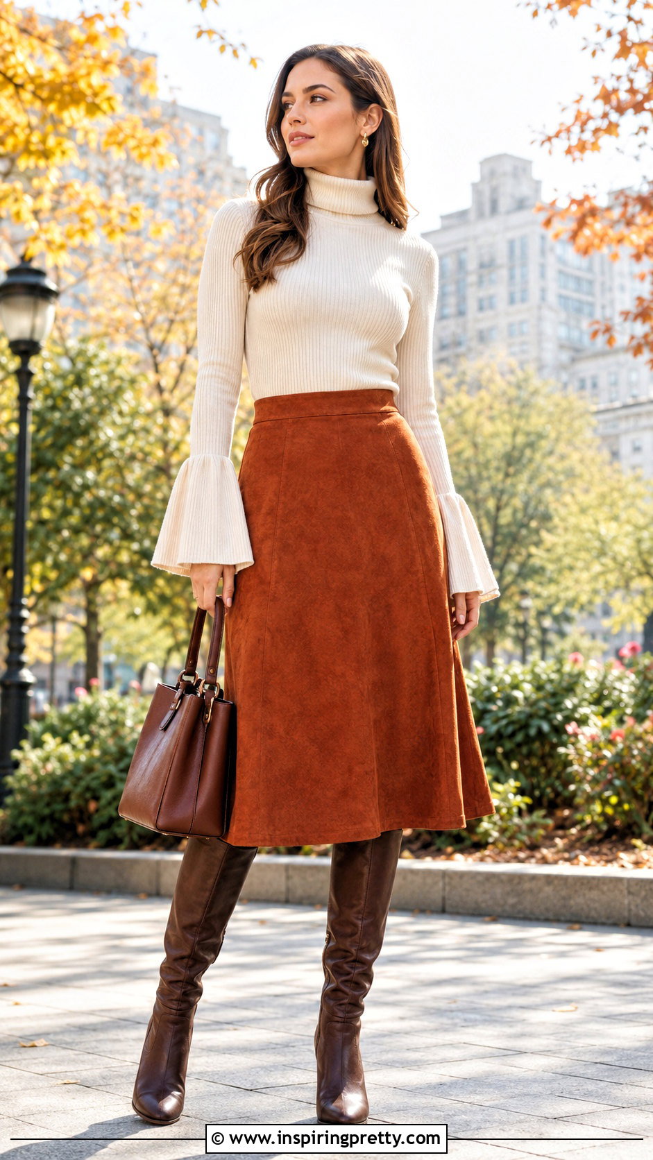Turtleneck Bell Sleeve Top With Suede Skirt - 50 bell sleeve top outfit ideas
