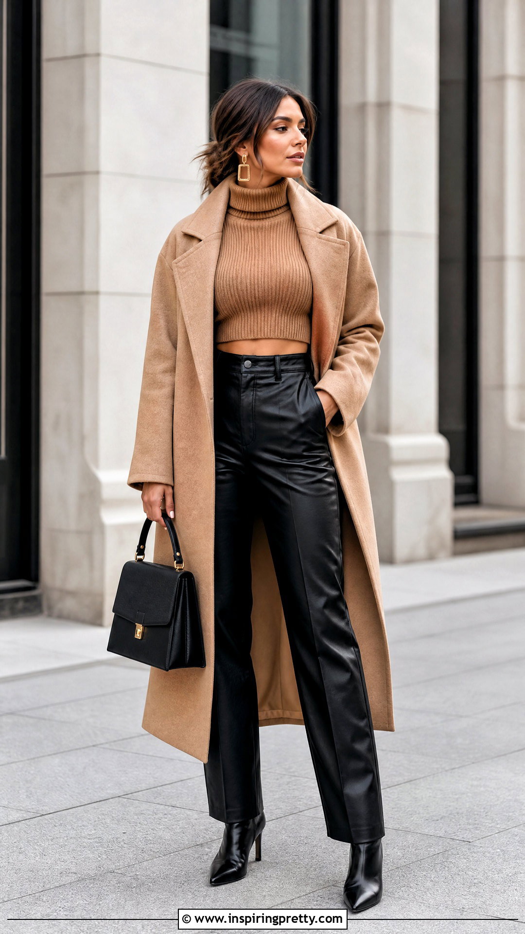 Turtleneck Crop Top With Faux Leather Pants - 50 cool crop tops outfit ideas