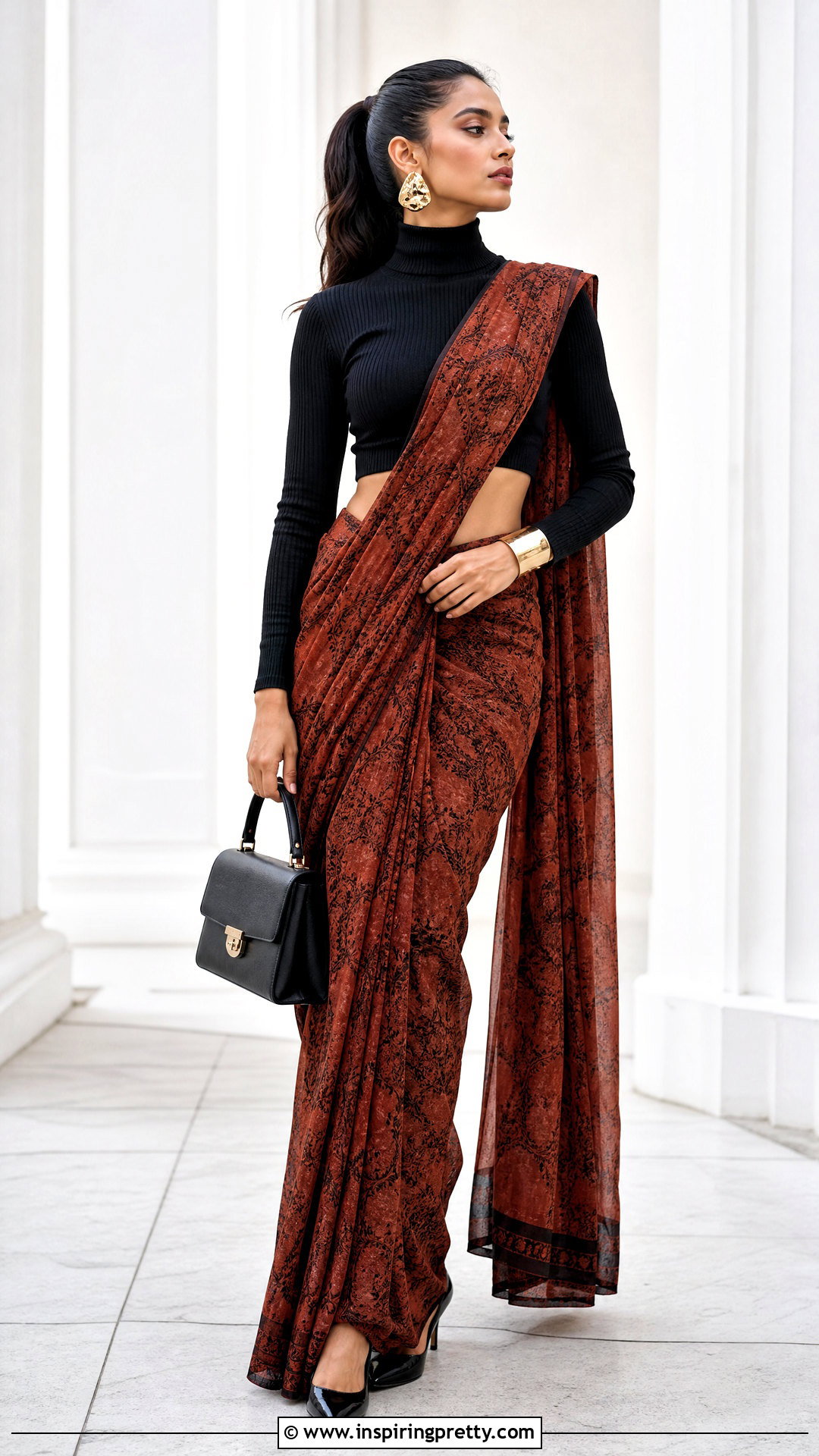 Turtleneck Crop Top With Saree - 50 saree with crop top outfit ideas
