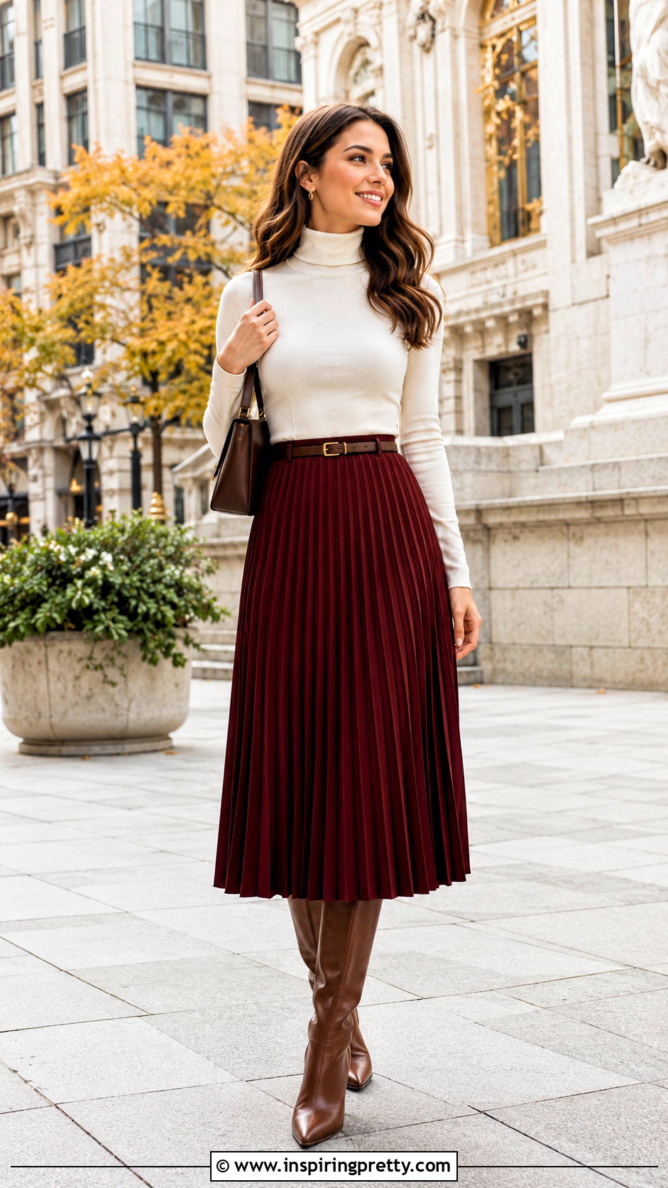 Turtleneck Full Sleeve Top With Pleated Skirt - 50 full sleeves top outfit ideas