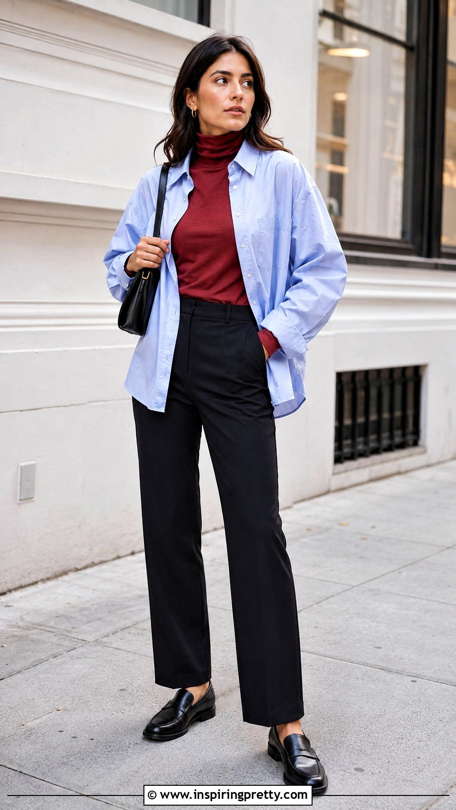 Turtleneck Layering Top With Oversized Shirt And Trousers - 20 Layering Tops For Spring Ideas