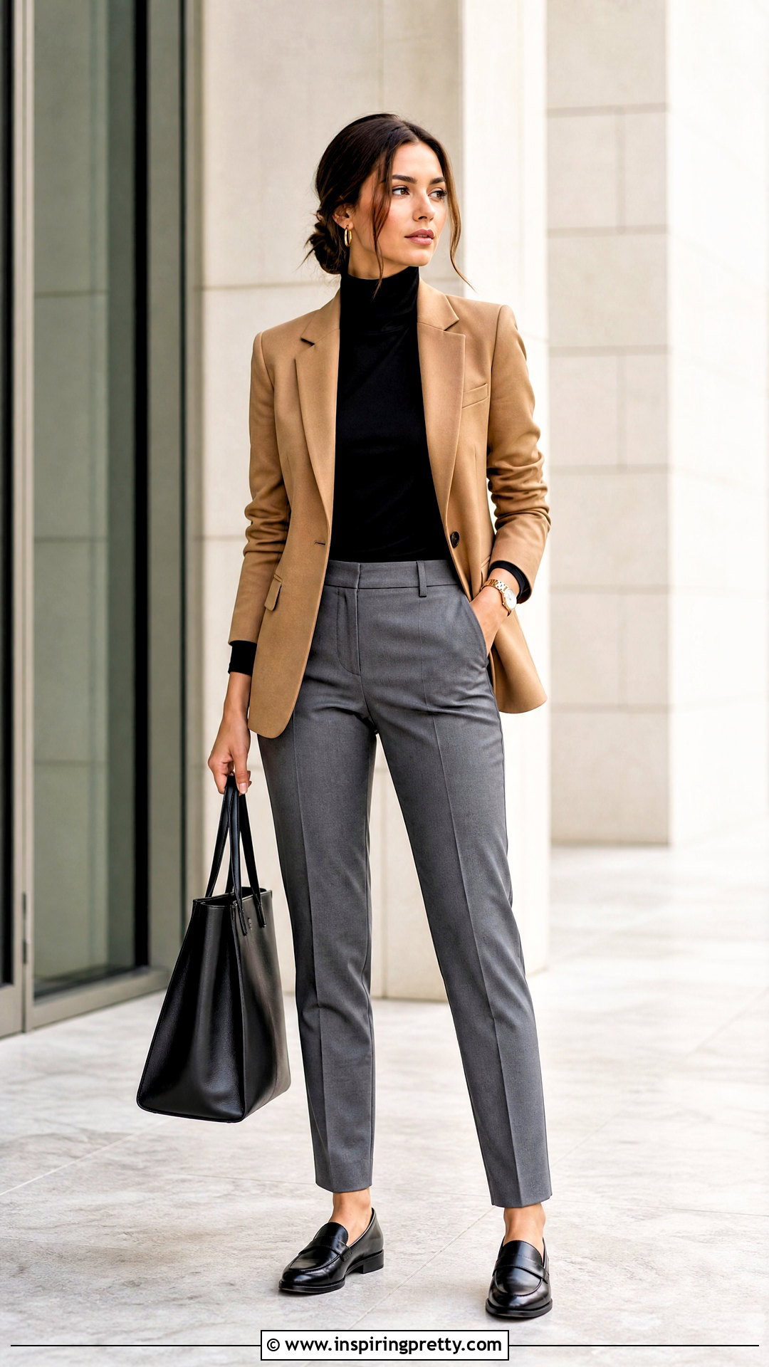 Turtleneck Long Sleeve Top With Blazer And Trousers - 50 cute long sleeve tops outfit ideas