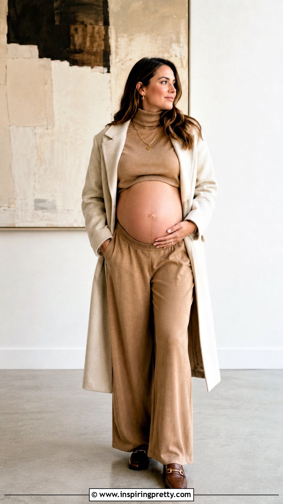 Turtleneck Maternity Crop Top And Palazzo Pants Photoshoot - 25 maternity crop top photoshoot ideas