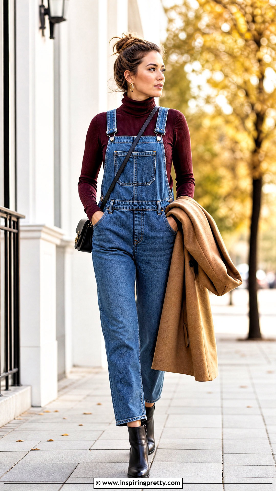 Turtleneck Top Outfit With Denim Overalls - 50 trendy tops outfit ideas