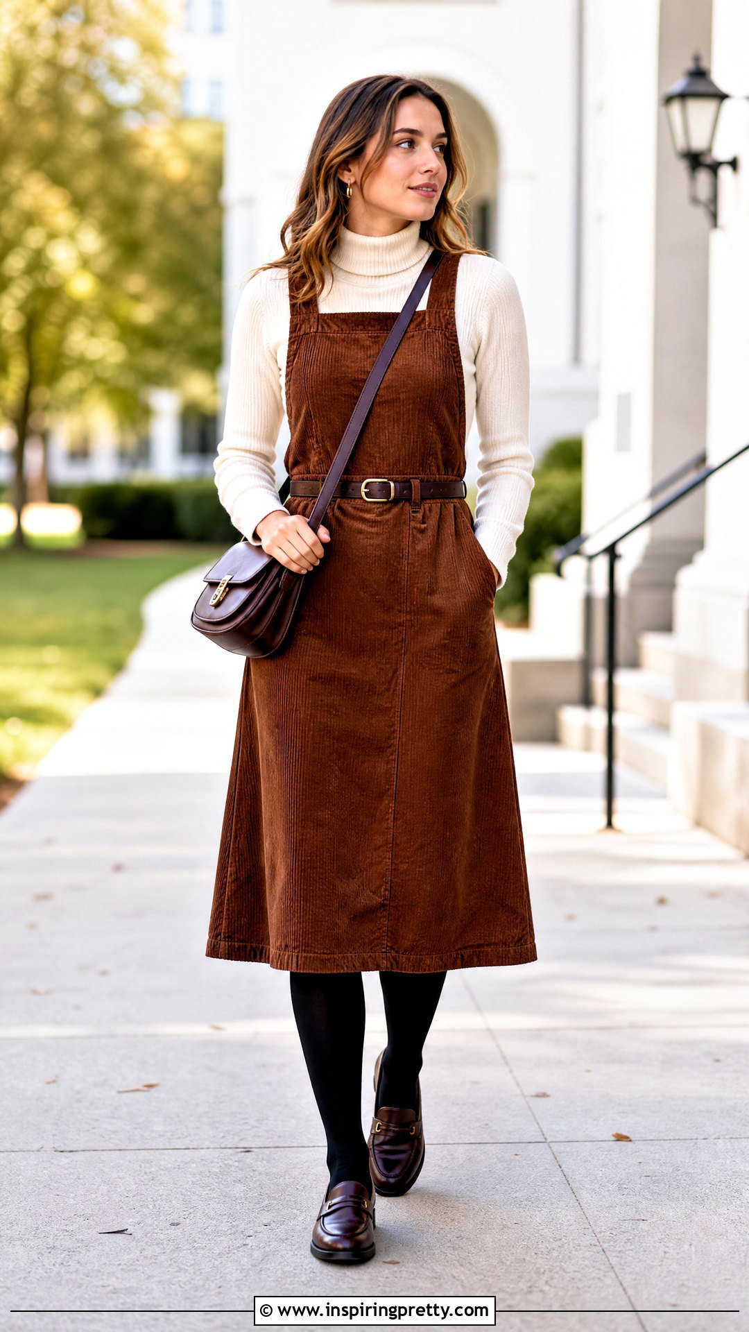 Turtleneck Top Under A Pinafore Dress - 50 Turtle Neck Top outfit ideas