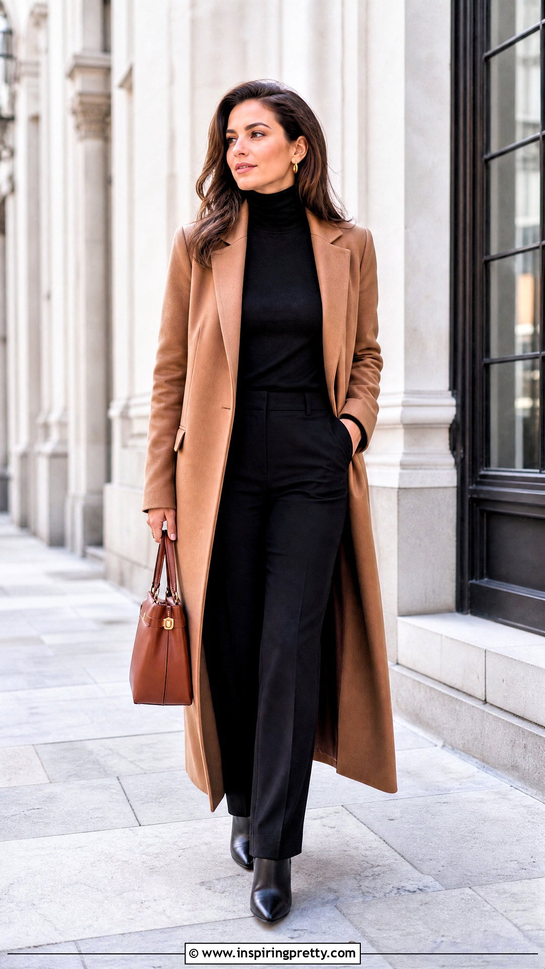 Turtleneck Top With Camel Coat And Black Pants - 50 Turtle Neck Top outfit ideas