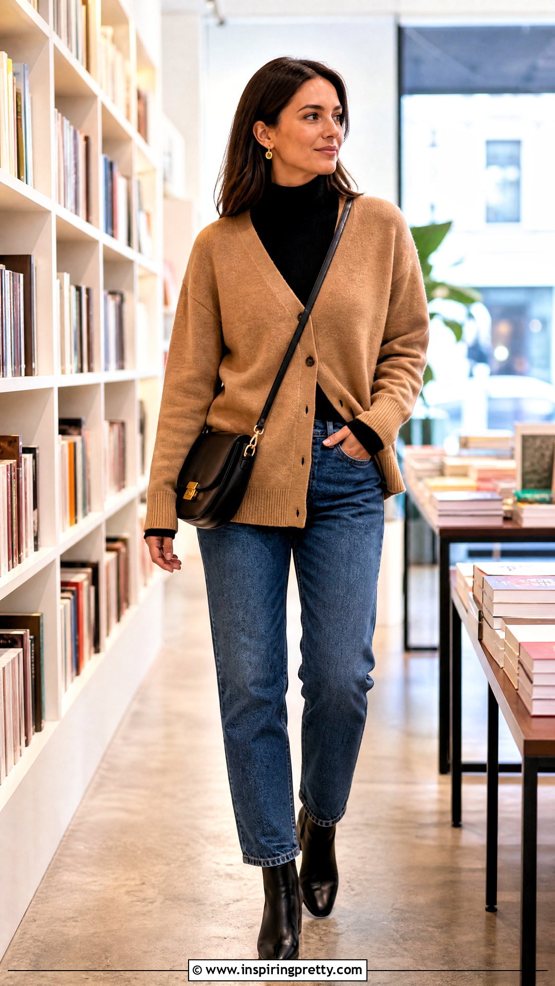 Turtleneck Top With Cardigan And Jeans - 50 Turtle Neck Top outfit ideas