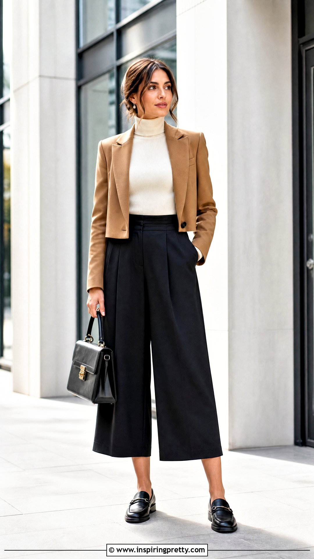 Turtleneck Top With Culottes And Loafers - 50 Turtle Neck Top outfit ideas