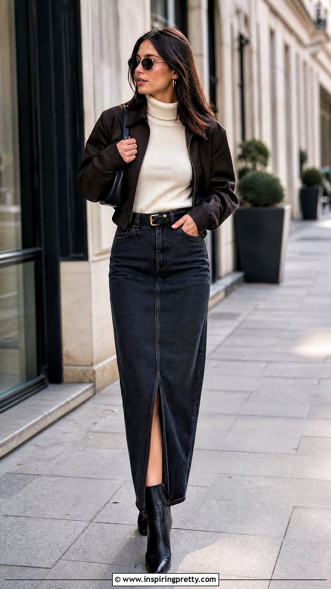 Turtleneck Top With Denim Maxi Skirt - 50 Turtle Neck Top outfit ideas