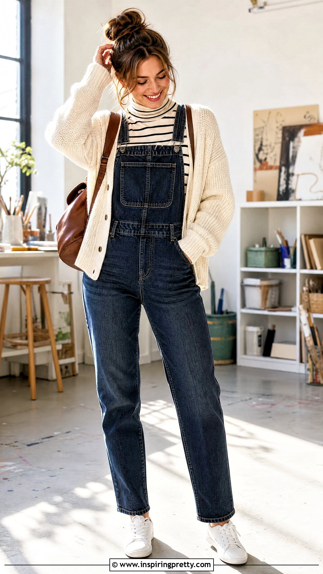 Turtleneck Top With Denim Overalls - 50 Turtle Neck Top outfit ideas
