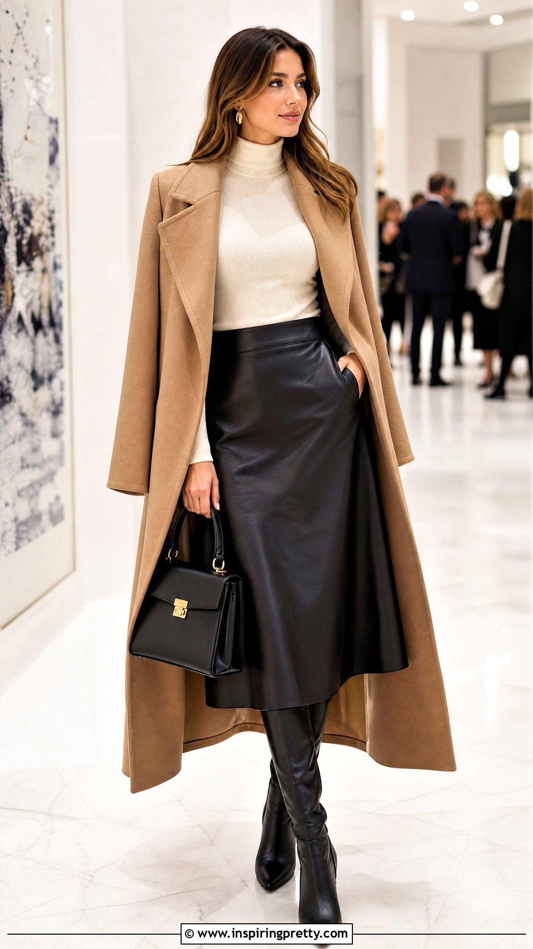 Turtleneck Top With Faux Leather Midi Skirt - 50 Turtle Neck Top outfit ideas