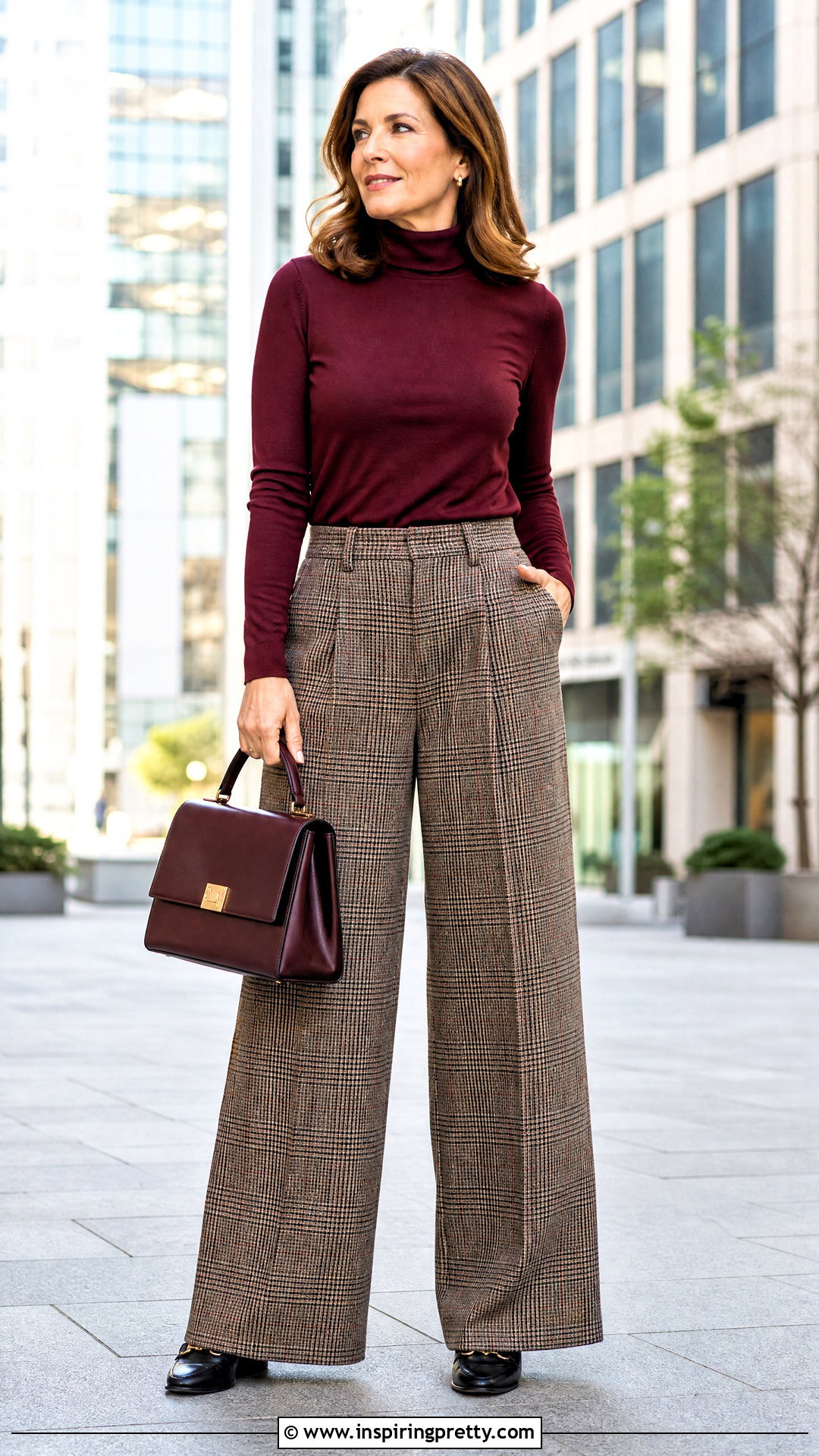 Turtleneck Top With Plaid Trousers - 50 womens tops outfit ideas