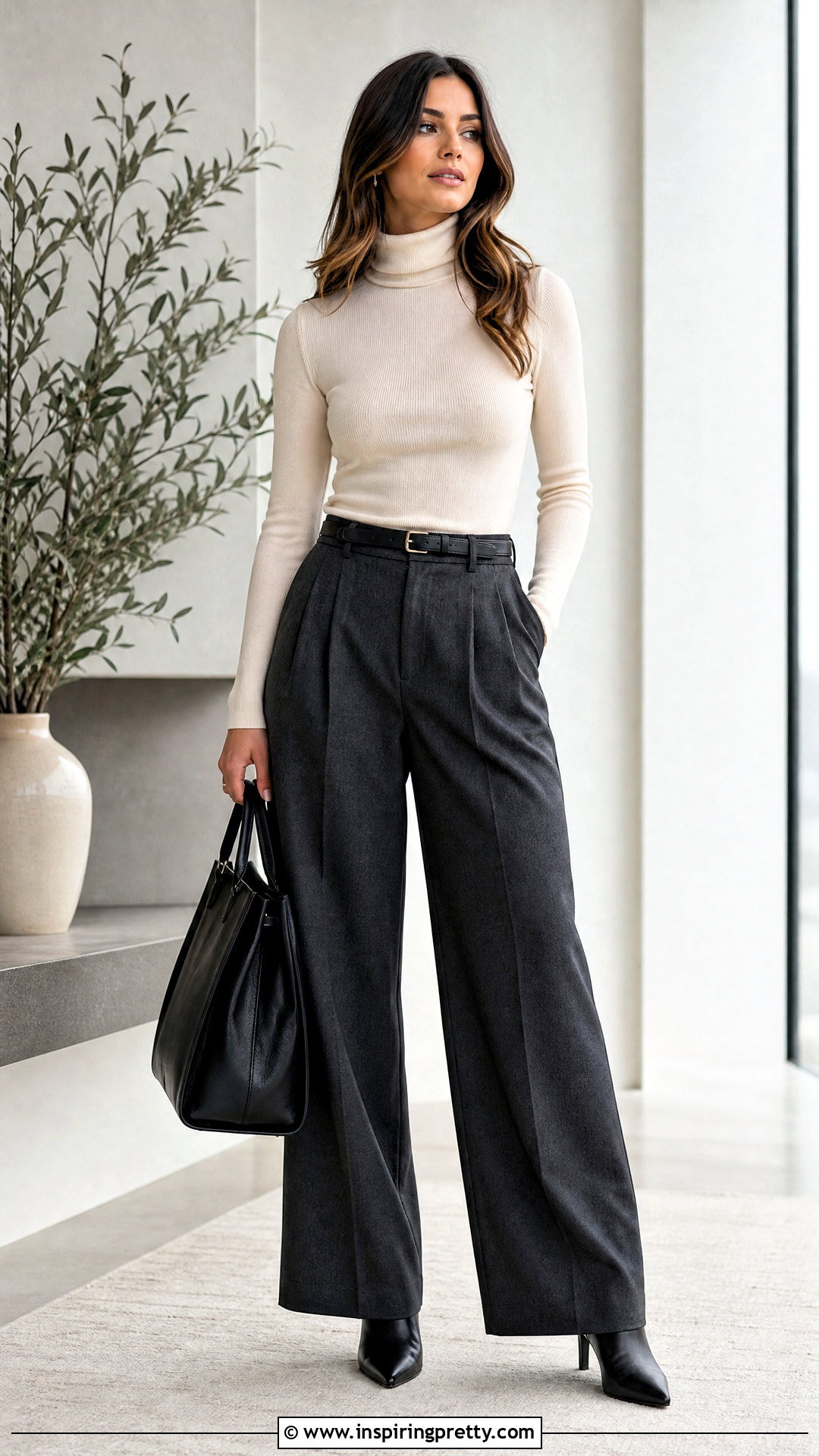 Turtleneck Top With Pleated Trousers - 50 dress tops outfit ideas