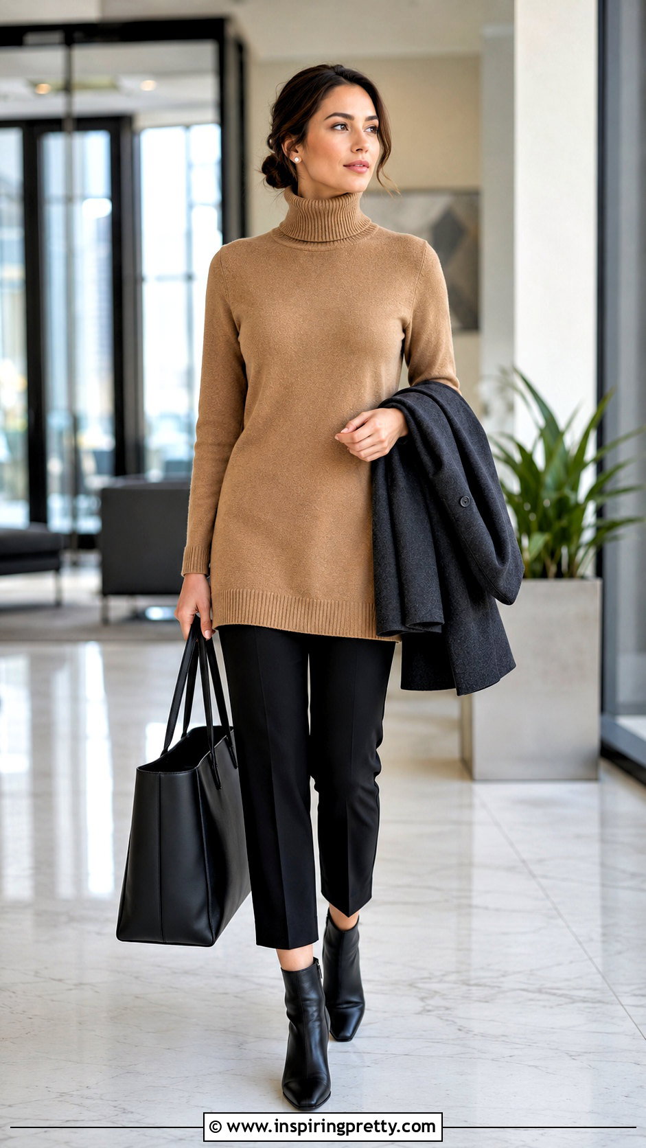 Turtleneck Tunic Top With Cropped Dress Pants - 20 business casual tunic tops outfit ideas