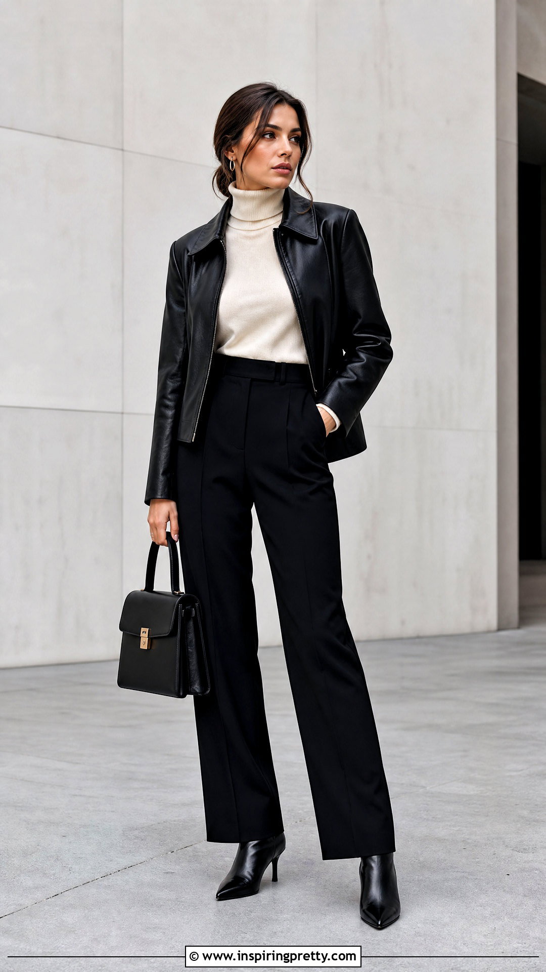 Turtleneck Under Leather Jacket Outfit - 50 layering tops outfit ideas