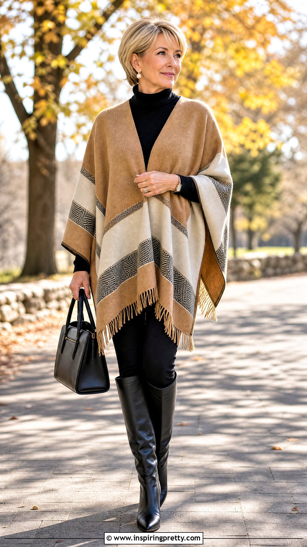Turtleneck Under Poncho Top Outfit - 50 layering tops outfit ideas