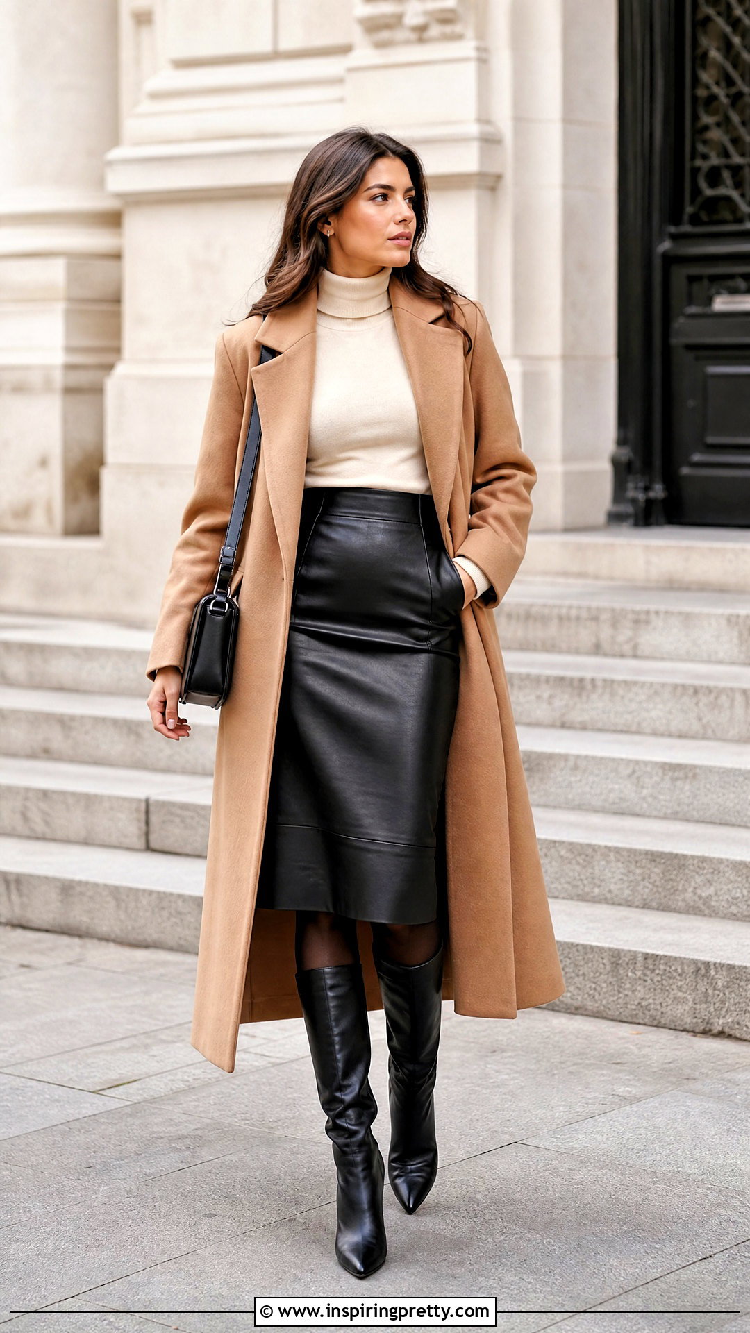 Turtleneck With Leather Midi Skirt and Knee High Boots - What Top To Wear With A Leather Skirt (20 Ways)