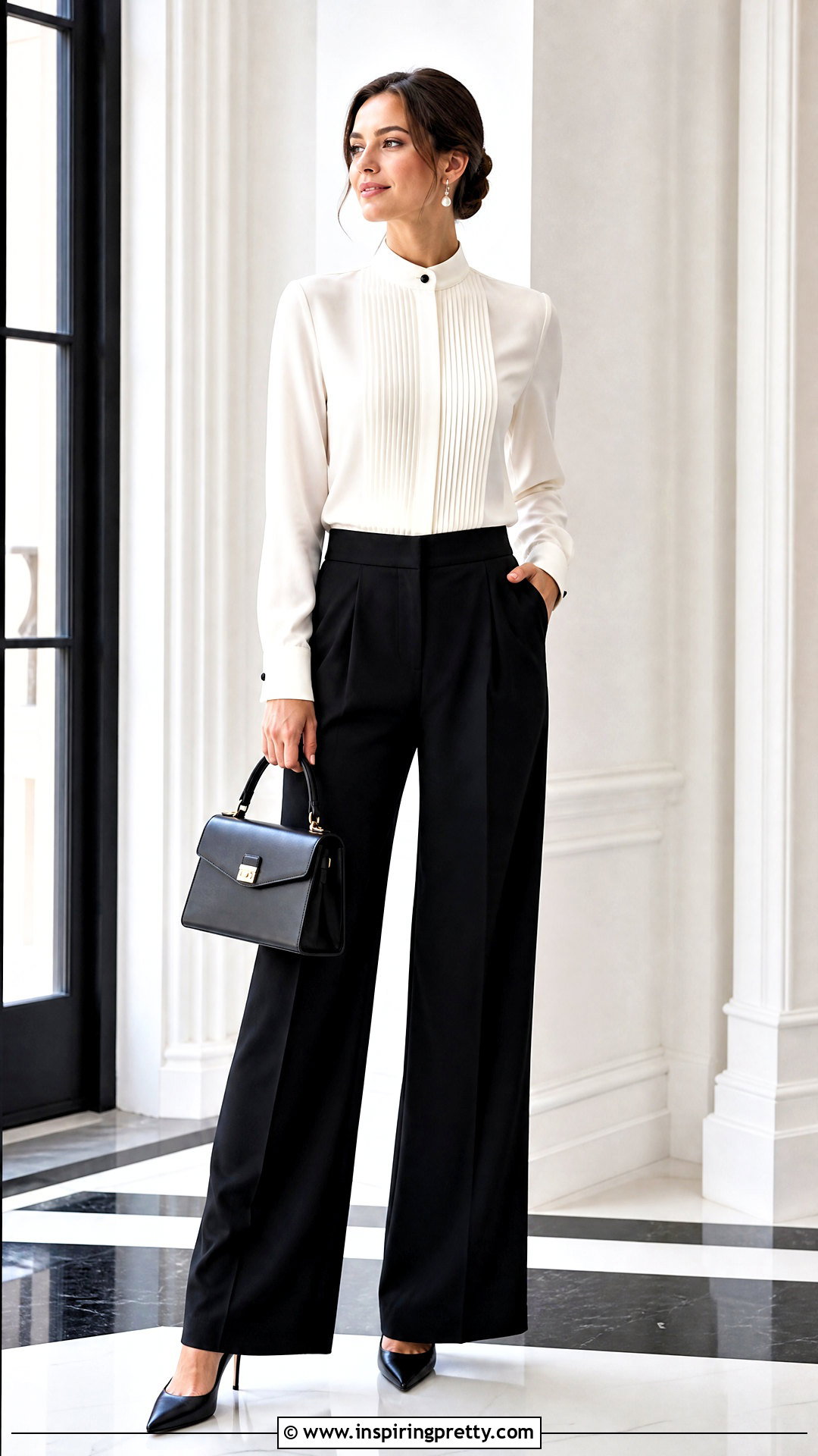Tuxedo Blouse With Black Pants - 50 elegant tops outfit ideas
