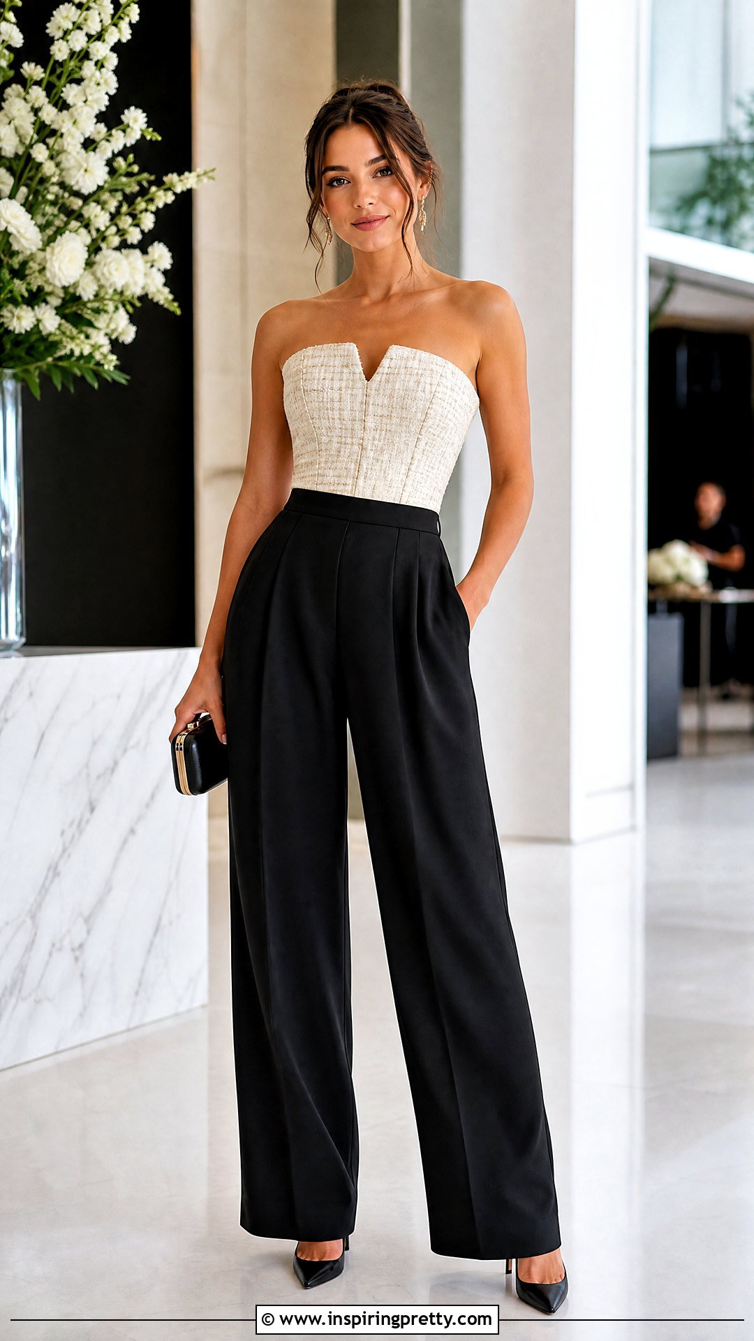 Tweed Corset Top With Wide Leg Trousers - 50 tweed top outfit ideas