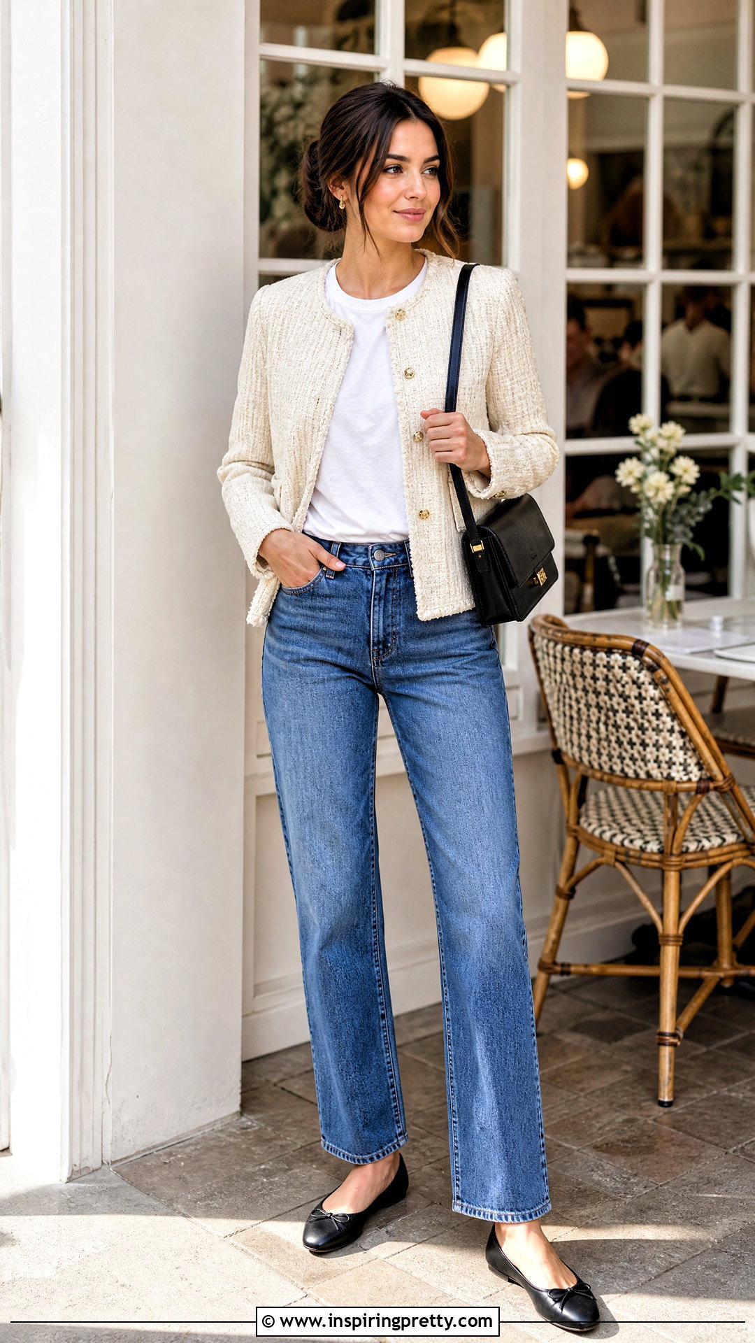 Tweed Jacket White T Shirt Jeans And Ballet Flats - 50 Jeans And Tops For Women