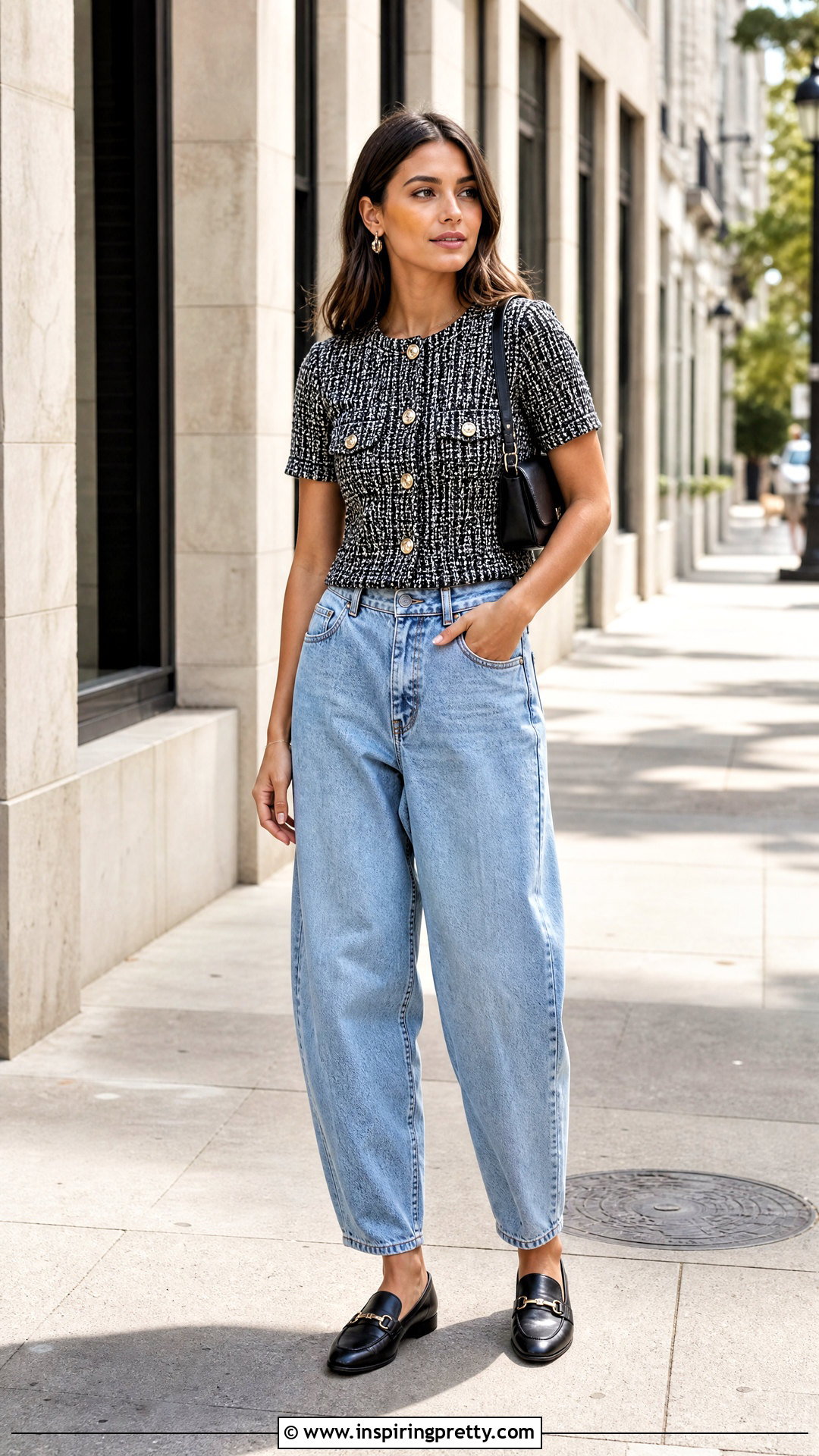 Tweed Top With Barrel Leg Jeans - 50 tweed top outfit ideas