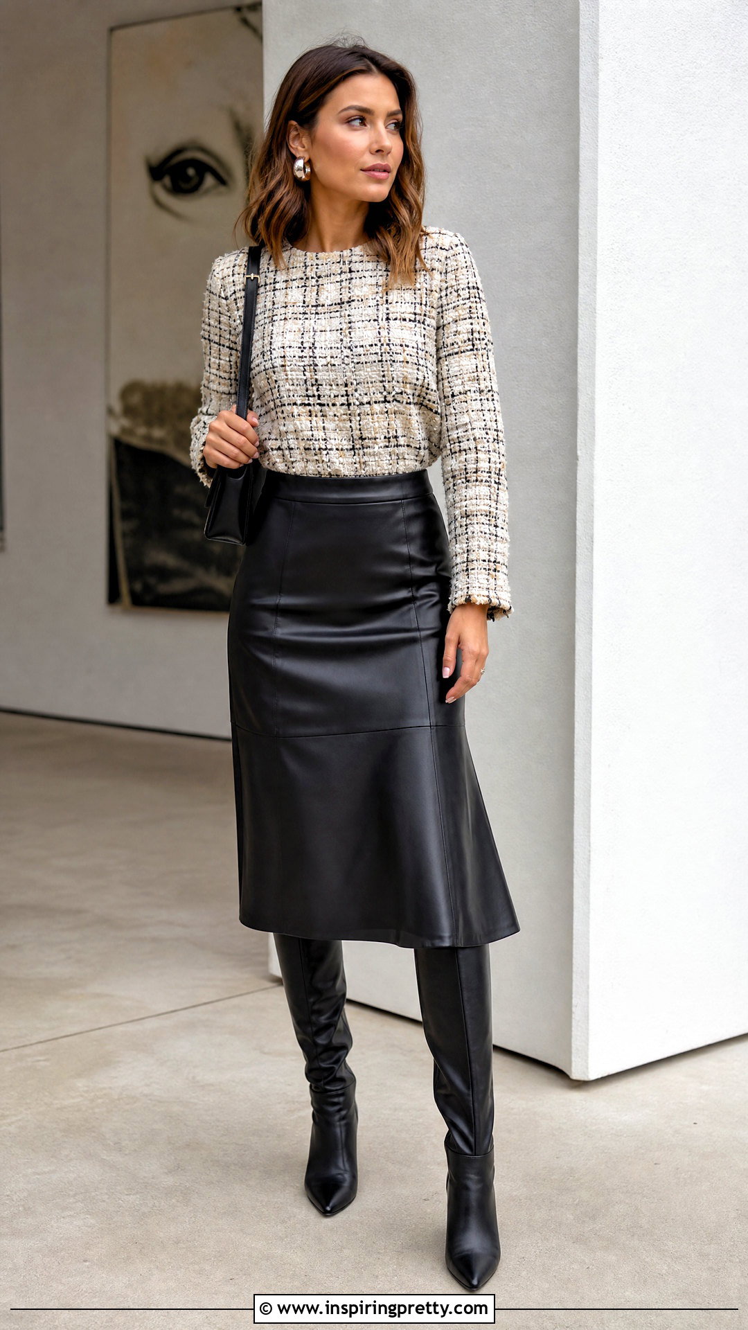 Tweed Top With Faux Leather Skirt - 50 tweed top outfit ideas
