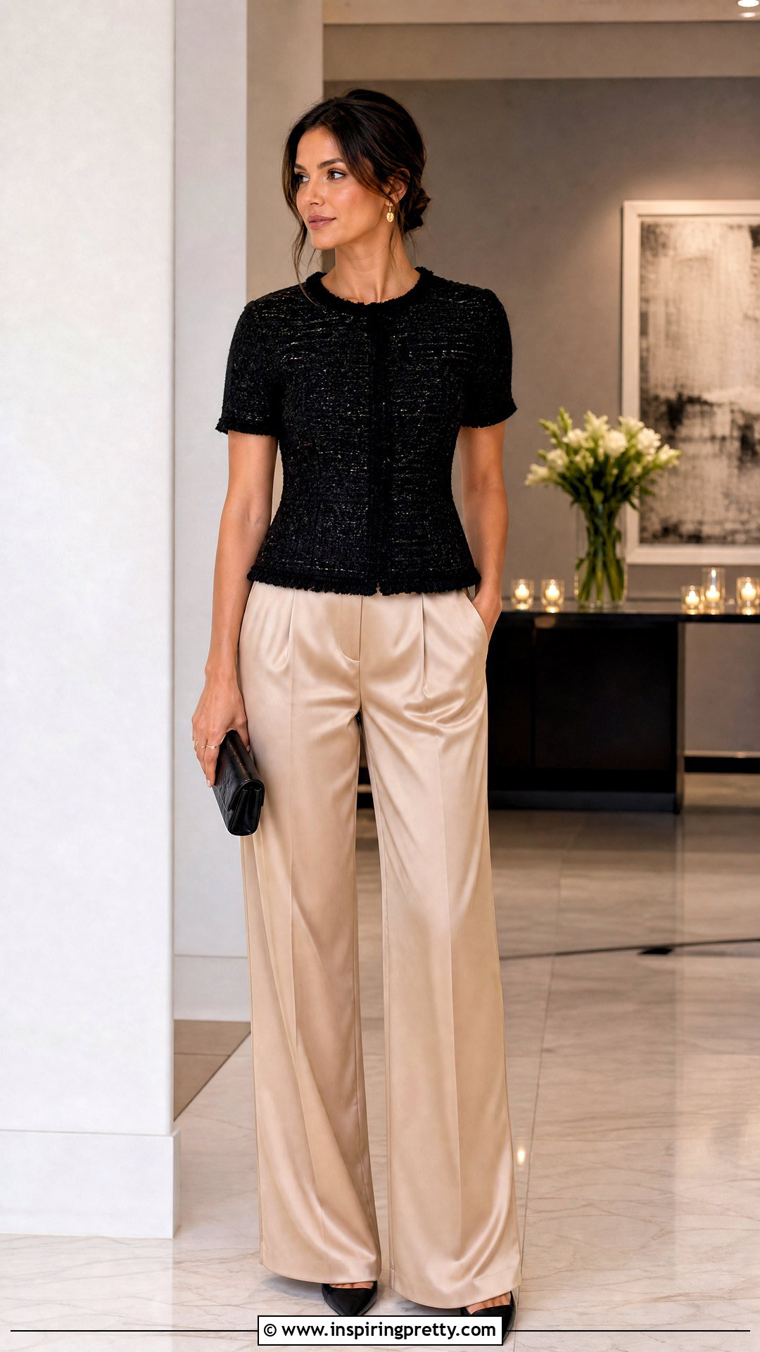 Tweed Top With Satin Pants - 50 tweed top outfit ideas