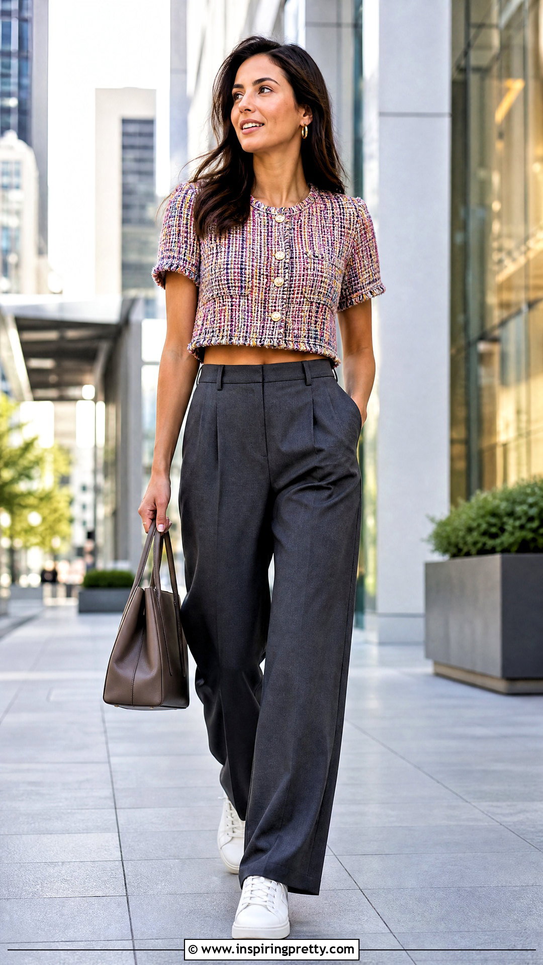 Tweed Top With Suit Trousers And Sneakers - 50 tweed top outfit ideas