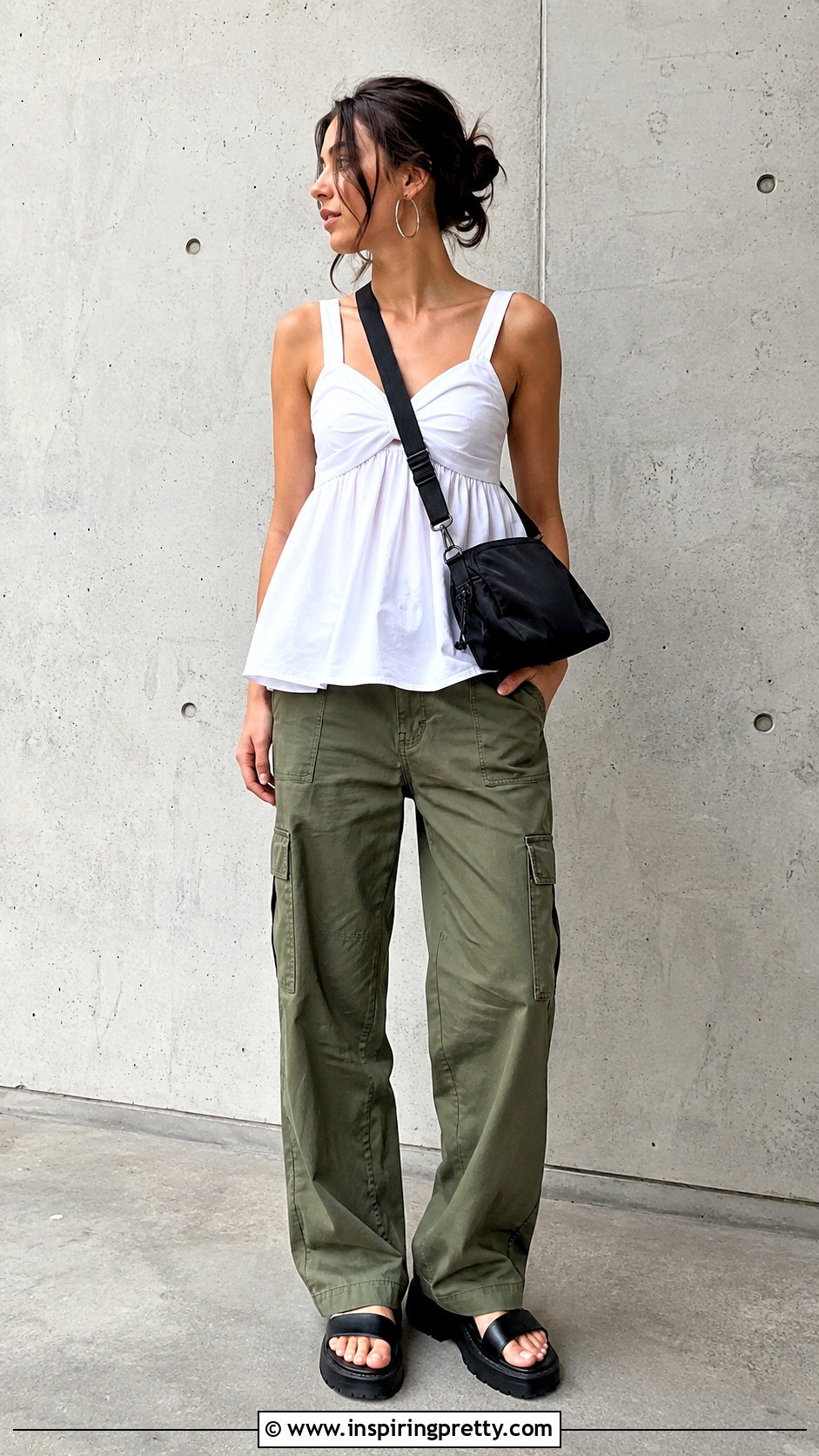 Twist Bust Babydoll Top With Cargo Pants - 20 easy twist bust babydoll top outfit ideas
