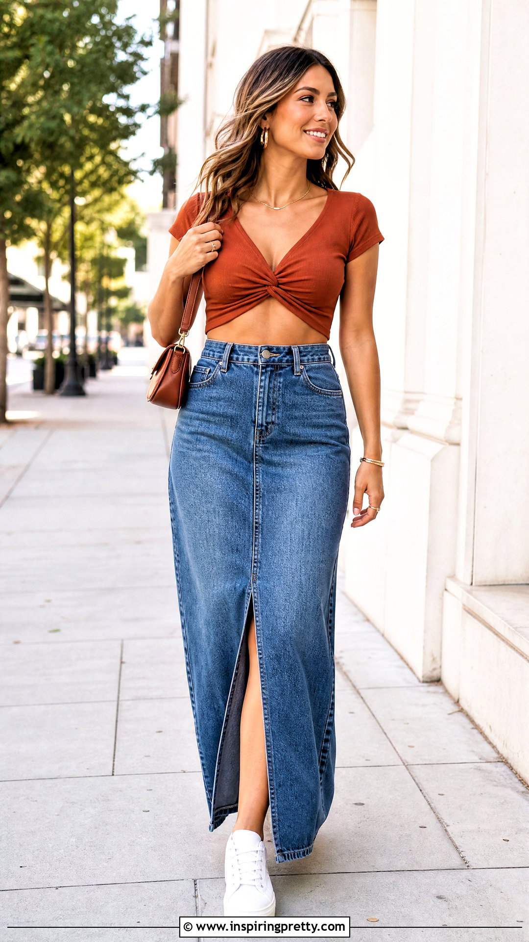 Twist Crop Top With Denim Maxi Skirt - 25 Twist Crop Top Outfit ideas