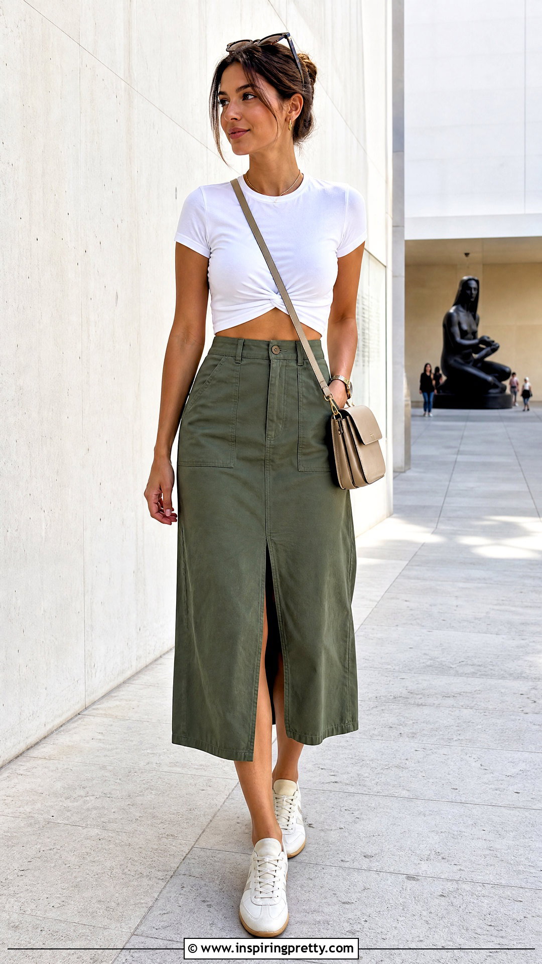 Twist Crop Top With Utility Midi Skirt - 25 Twist Crop Top Outfit ideas