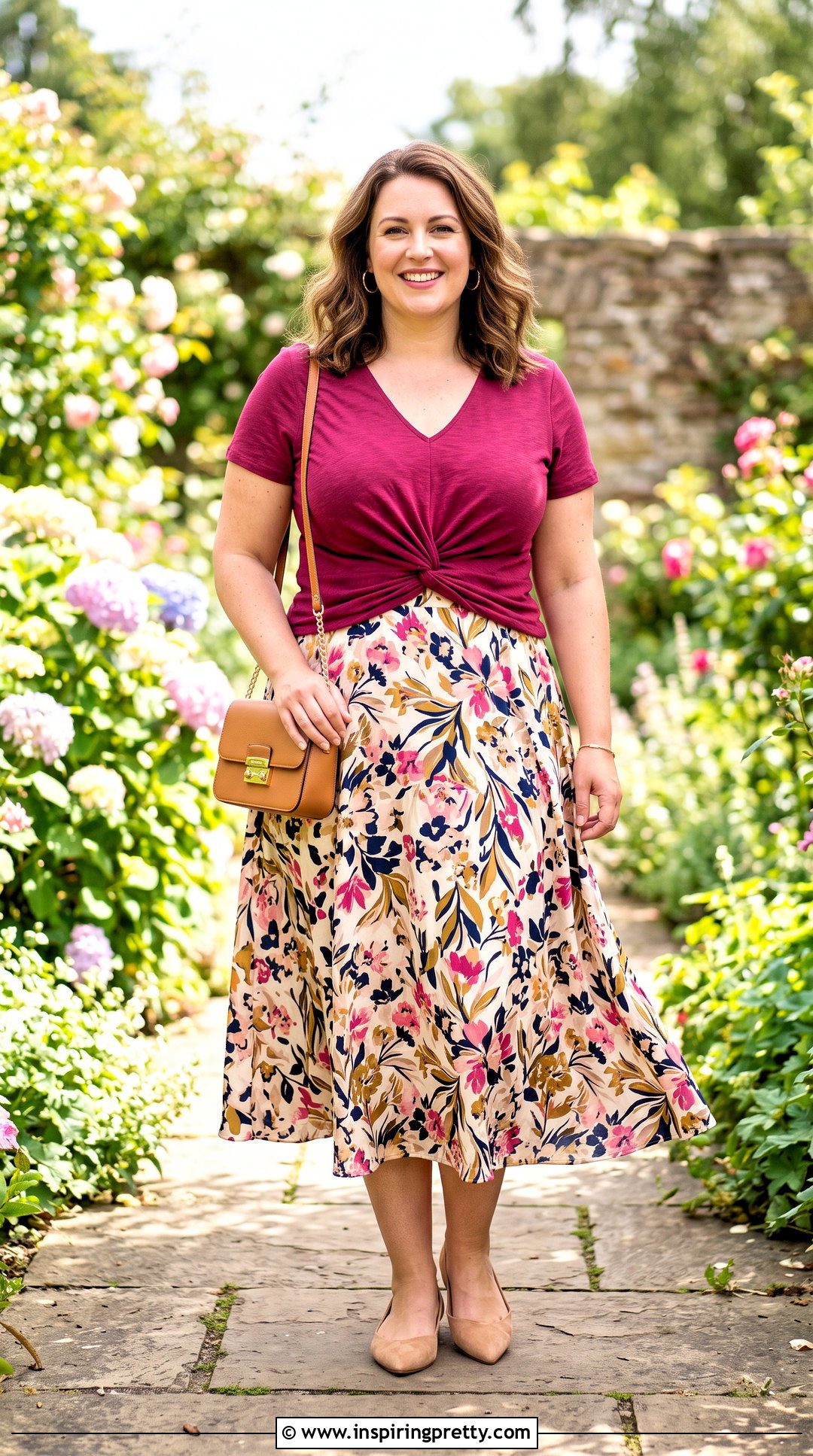 Twist Front Top With Midi Skirt - 50 busty women tops outfit ideas